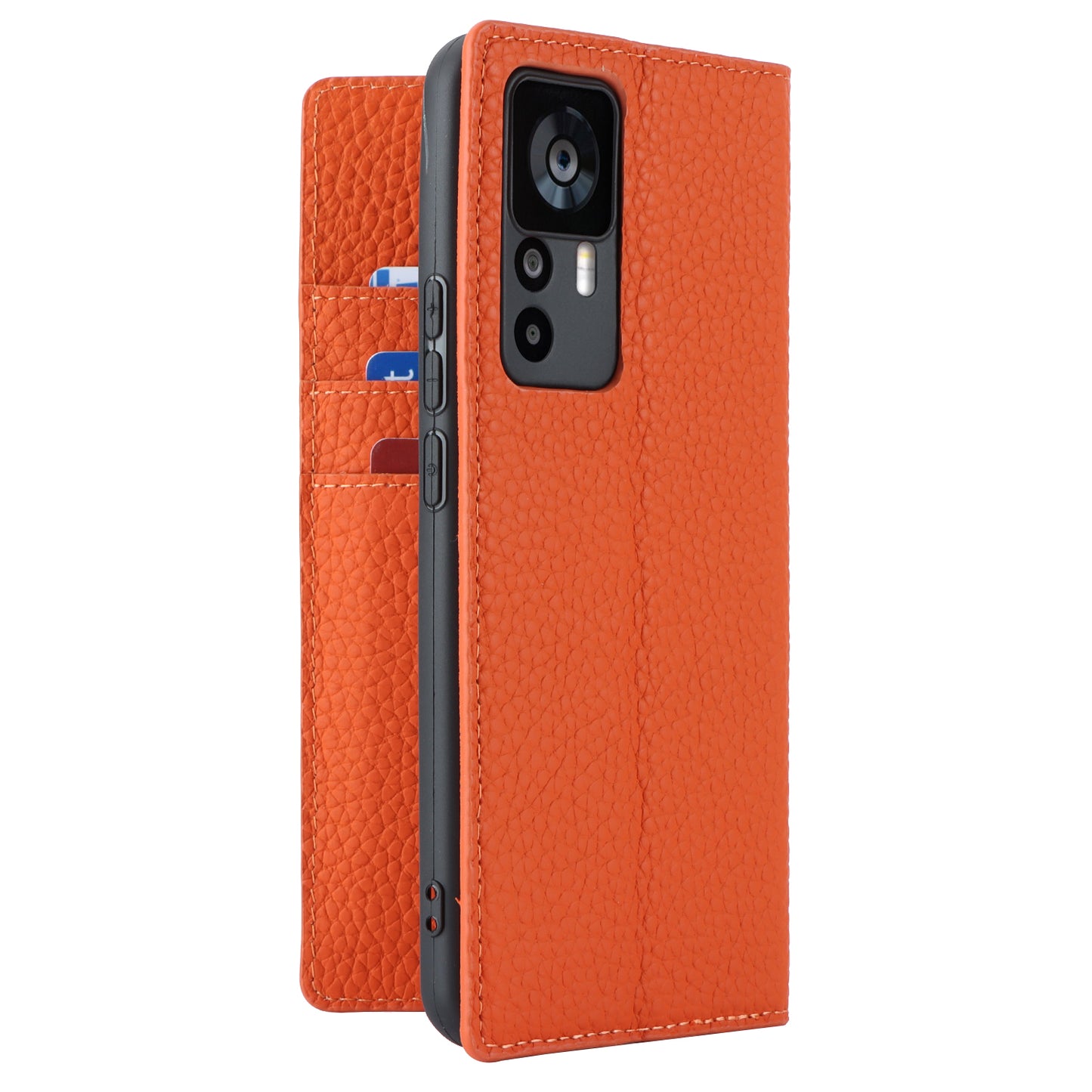 Stand Wallet Cover for Xiaomi 12T 5G / 12T Pro 5G / Redmi K50 Ultra Litchi Texture Genuine Cow Leather Phone Case with Strap - Orange
