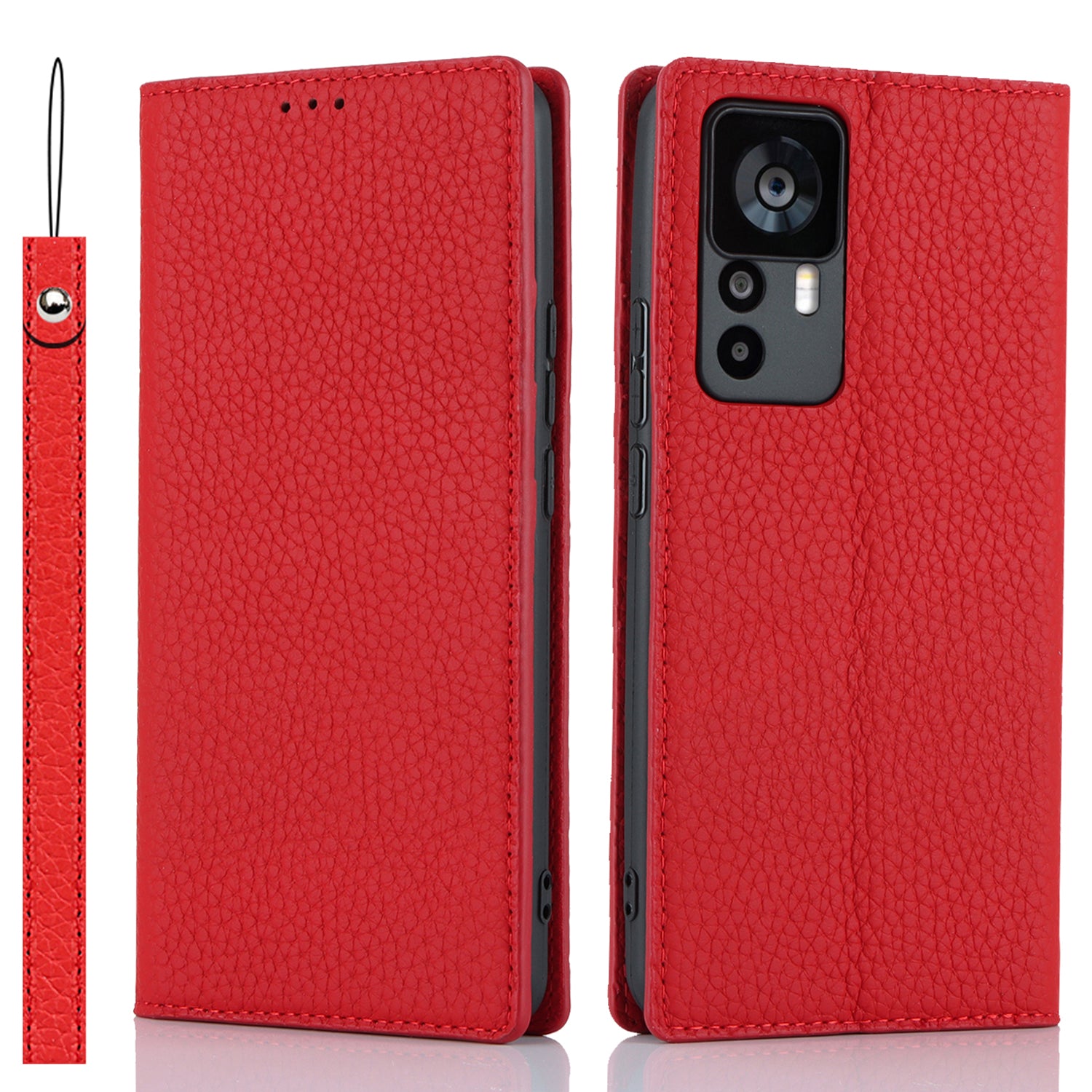 Stand Wallet Cover for Xiaomi 12T 5G / 12T Pro 5G / Redmi K50 Ultra Litchi Texture Genuine Cow Leather Phone Case with Strap - Red