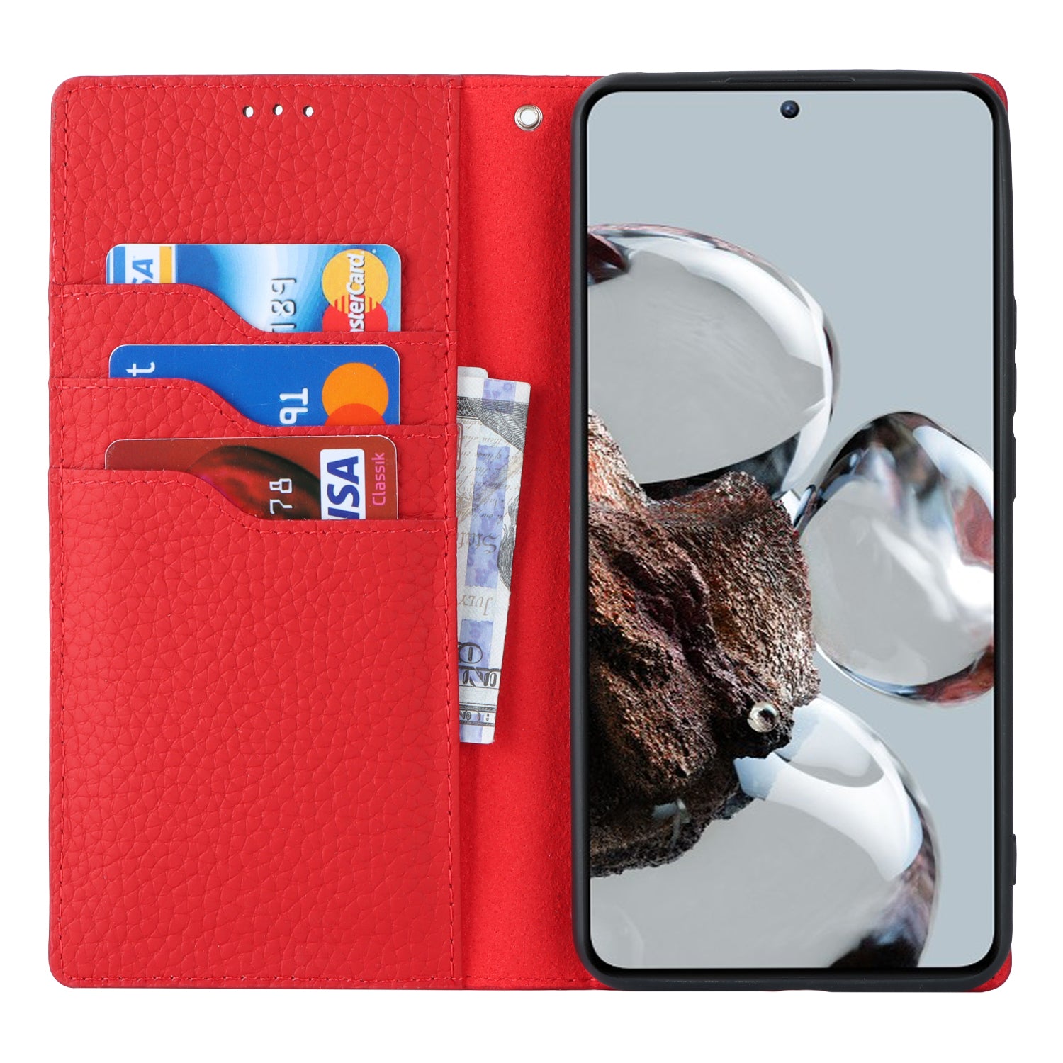 Stand Wallet Cover for Xiaomi 12T 5G / 12T Pro 5G / Redmi K50 Ultra Litchi Texture Genuine Cow Leather Phone Case with Strap - Red