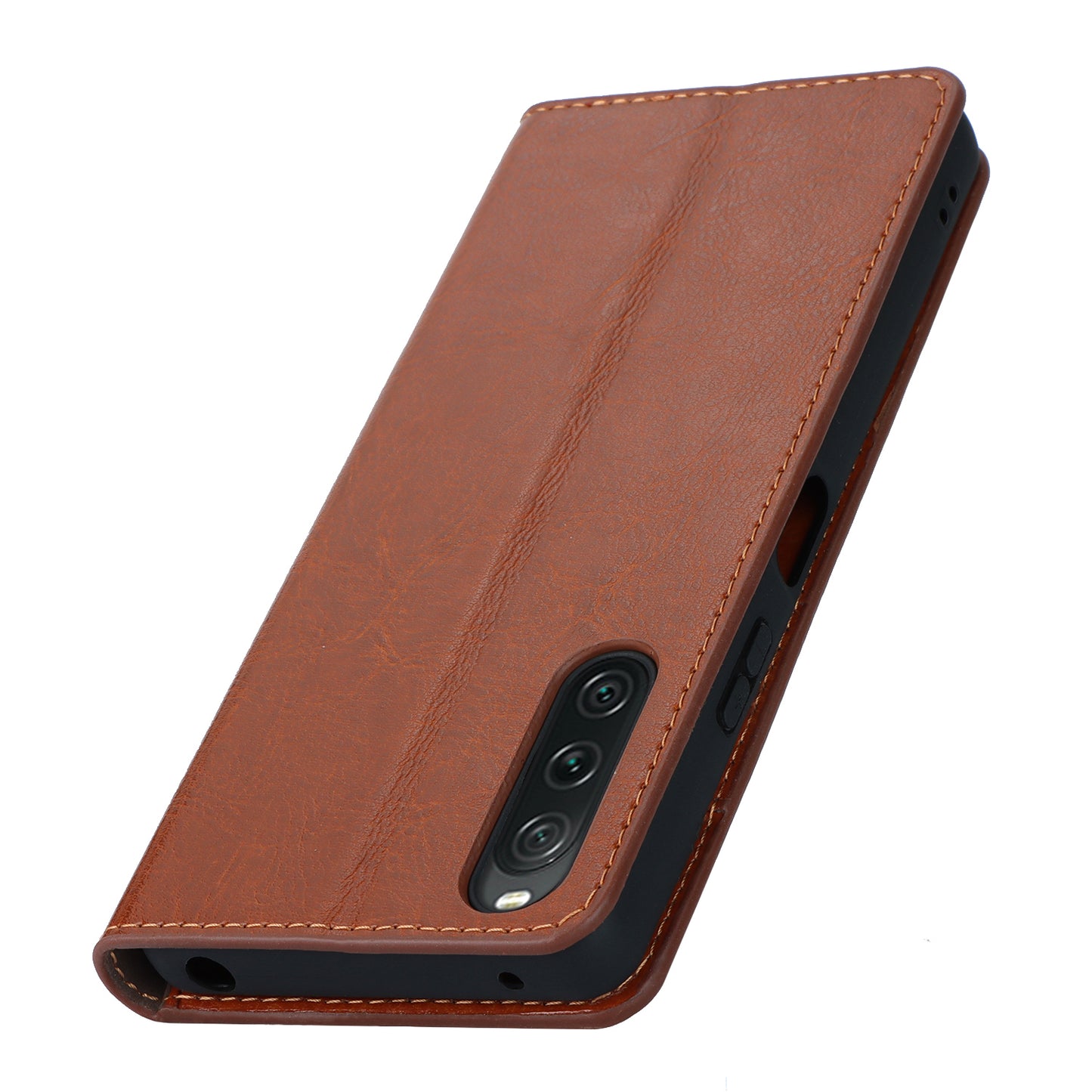 Stand Wallet for Sony Xperia 10 V Crazy Horse Texture Phone Case Genuine Cow Leather Cover - Light Brown