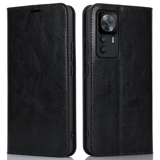 Uniqkart for Xiaomi 12T 5G / 12T Pro 5G / Redmi K50 Ultra Phone Case Crazy Horse Texture Genuine Cow Leather Stand Wallet Cover - Black