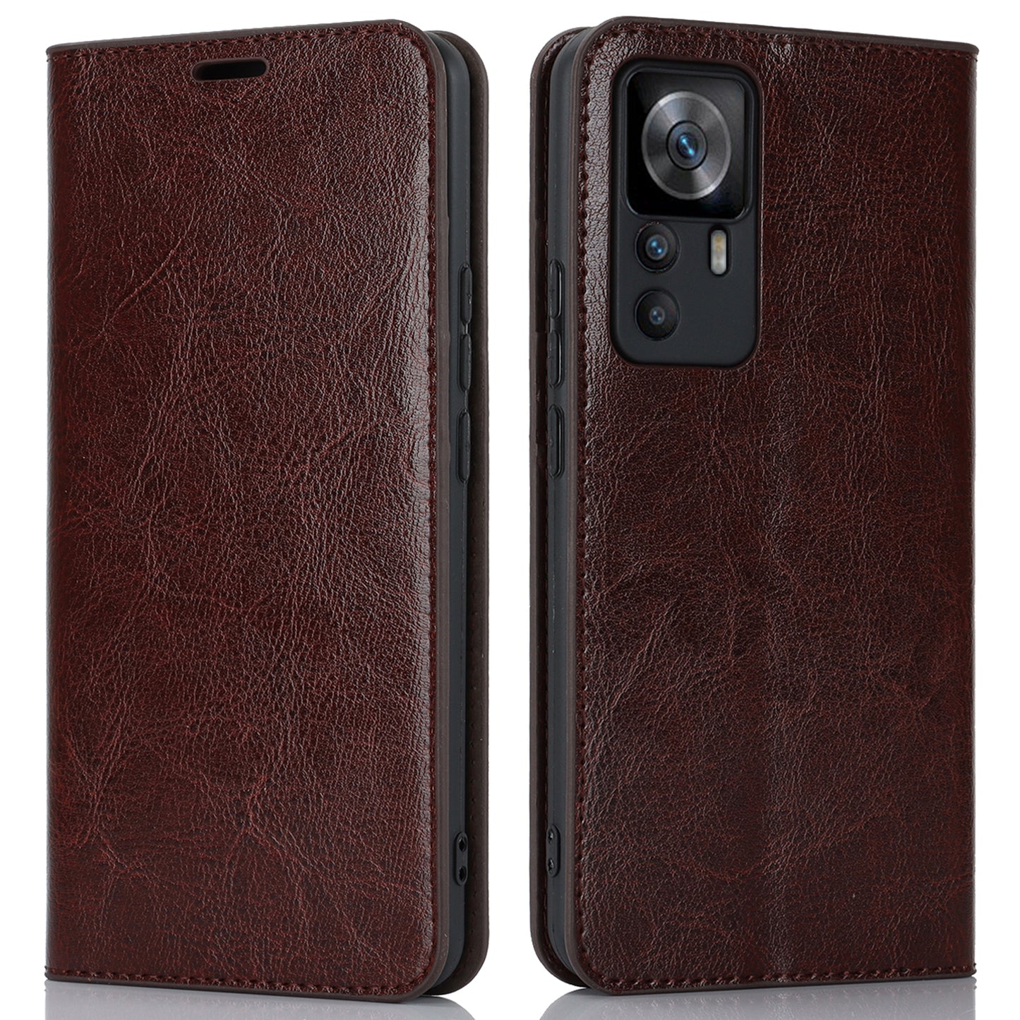 Uniqkart for Xiaomi 12T 5G / 12T Pro 5G / Redmi K50 Ultra Phone Case Crazy Horse Texture Genuine Cow Leather Stand Wallet Cover - Dark Brown