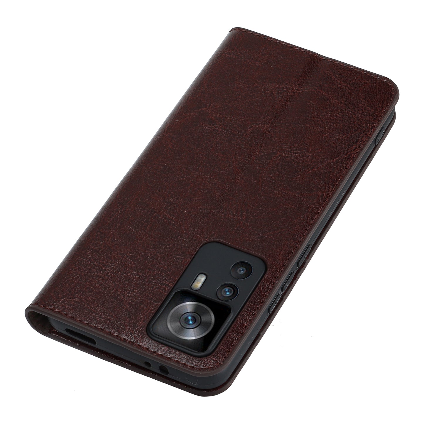Uniqkart for Xiaomi 12T 5G / 12T Pro 5G / Redmi K50 Ultra Phone Case Crazy Horse Texture Genuine Cow Leather Stand Wallet Cover - Dark Brown