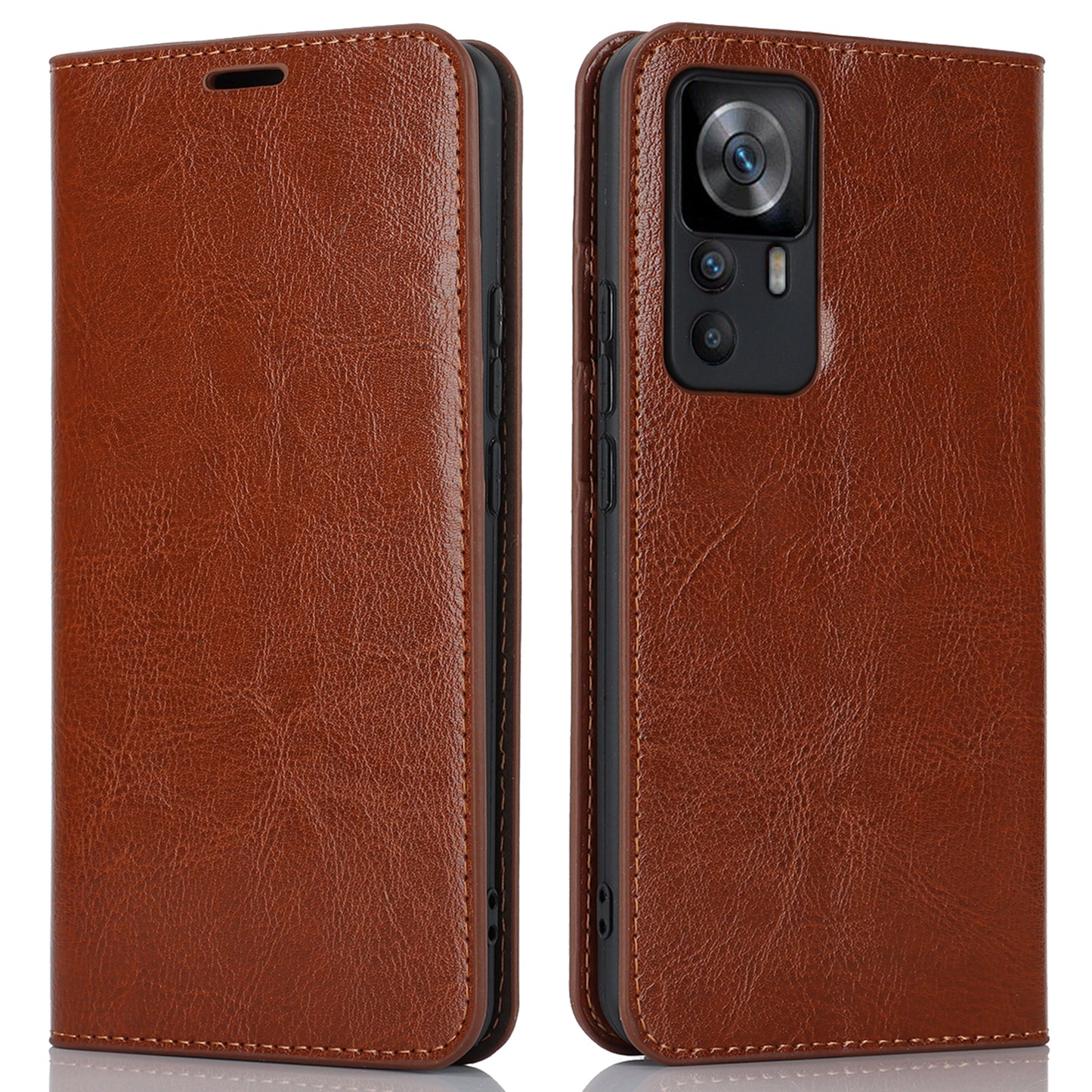 Uniqkart for Xiaomi 12T 5G / 12T Pro 5G / Redmi K50 Ultra Phone Case Crazy Horse Texture Genuine Cow Leather Stand Wallet Cover - Light Brown
