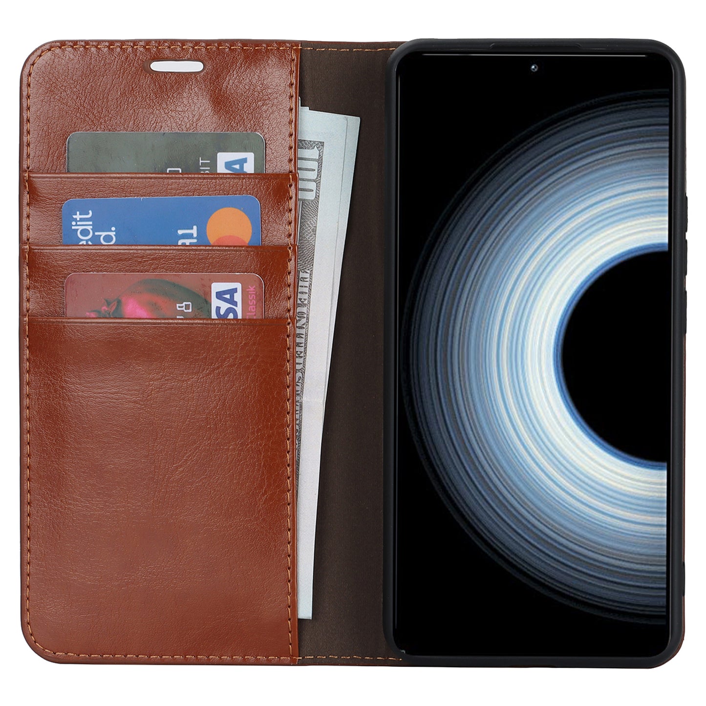 Uniqkart for Xiaomi 12T 5G / 12T Pro 5G / Redmi K50 Ultra Phone Case Crazy Horse Texture Genuine Cow Leather Stand Wallet Cover - Light Brown