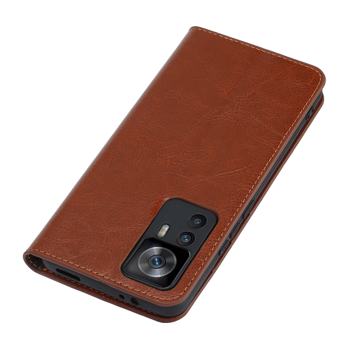 Uniqkart for Xiaomi 12T 5G / 12T Pro 5G / Redmi K50 Ultra Phone Case Crazy Horse Texture Genuine Cow Leather Stand Wallet Cover - Light Brown