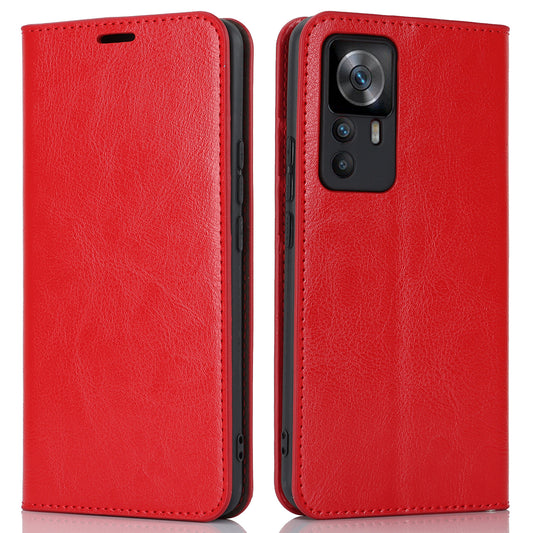 Uniqkart for Xiaomi 12T 5G / 12T Pro 5G / Redmi K50 Ultra Phone Case Crazy Horse Texture Genuine Cow Leather Stand Wallet Cover - Red