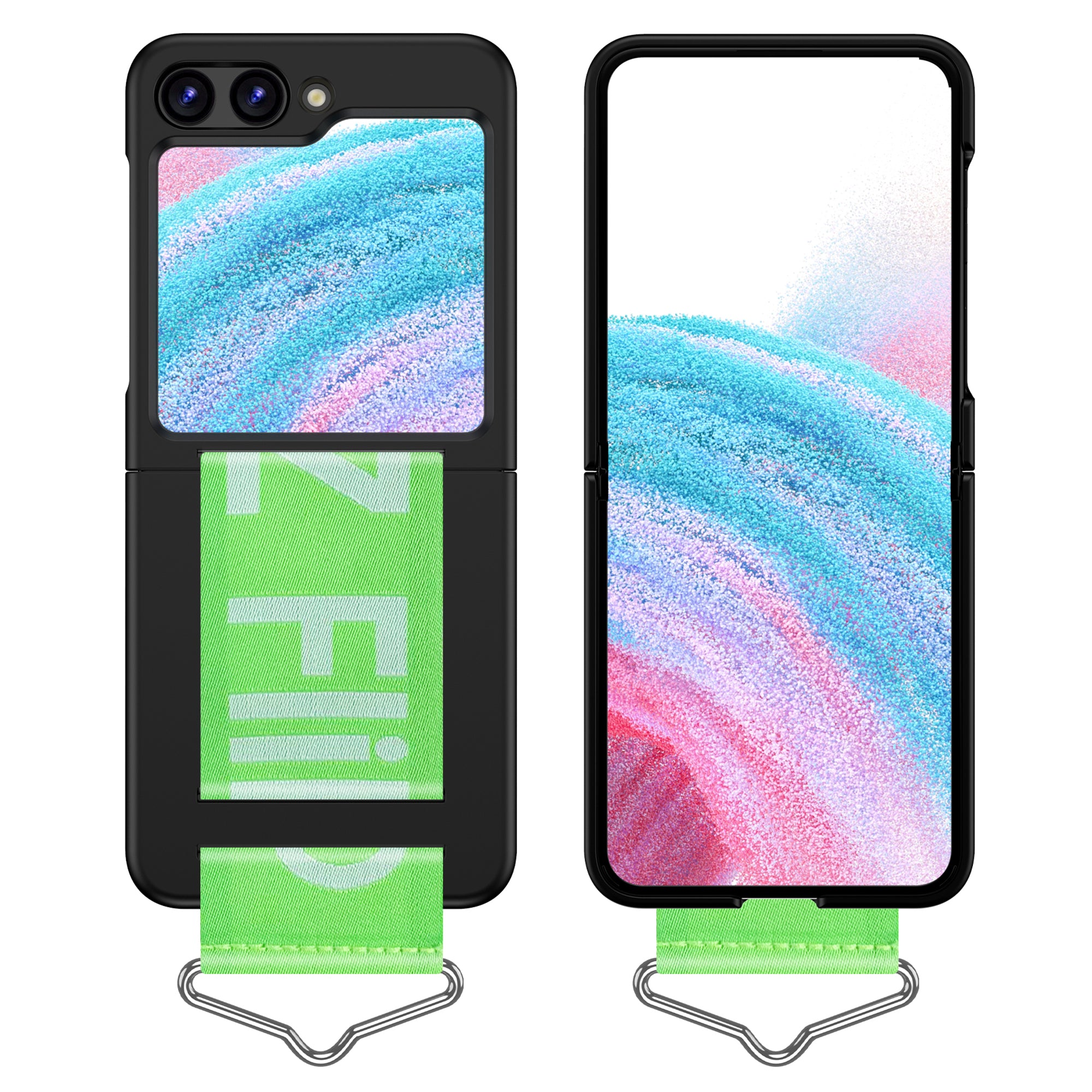 Uniqkart for Samsung Galaxy Z Flip5 5G Hard PC Phone Cover Protective Case with B-Shape Ring Holder - Black+Green