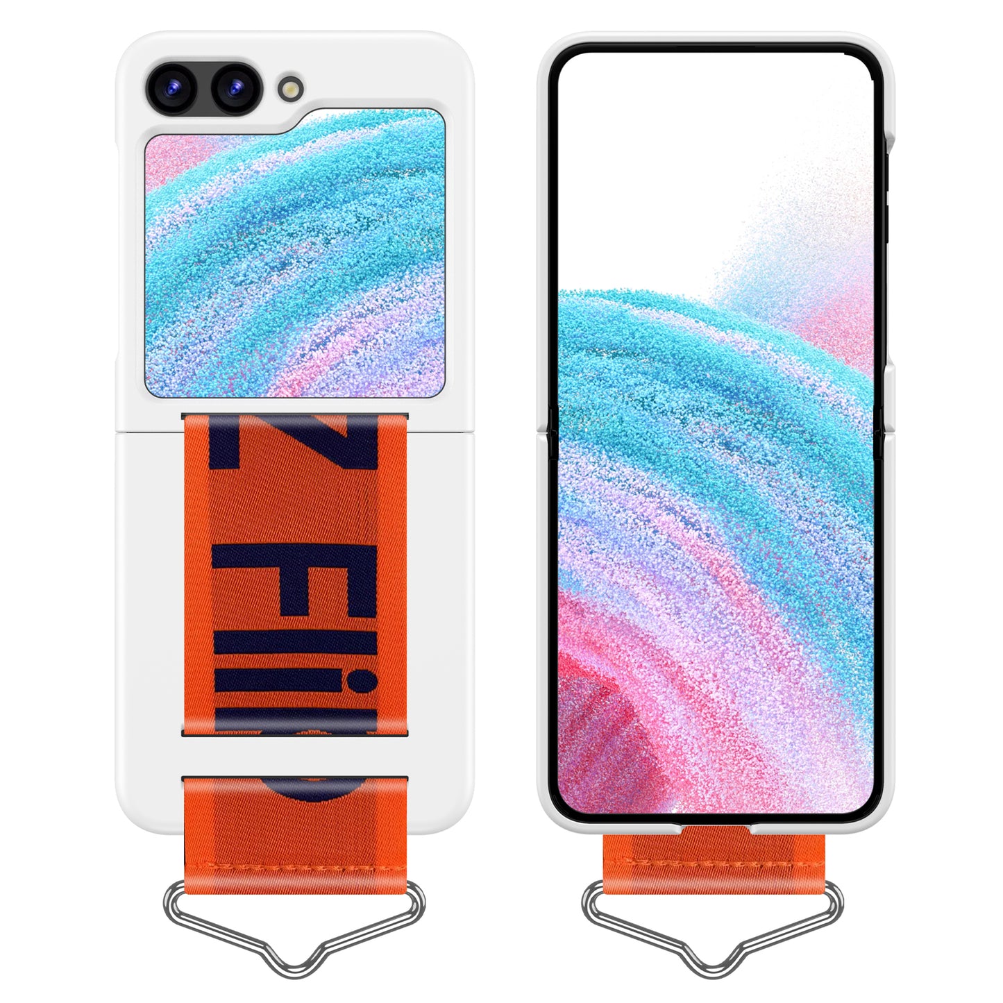 Uniqkart for Samsung Galaxy Z Flip5 5G Hard PC Phone Cover Protective Case with B-Shape Ring Holder - White+Orange