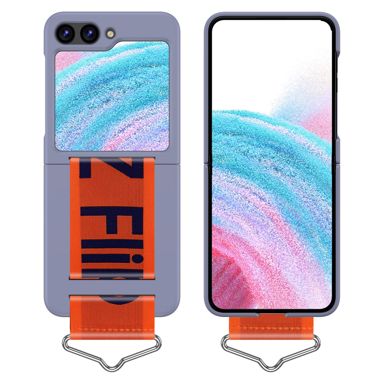 Uniqkart for Samsung Galaxy Z Flip5 5G Hard PC Phone Cover Protective Case with B-Shape Ring Holder - Purple+Orange