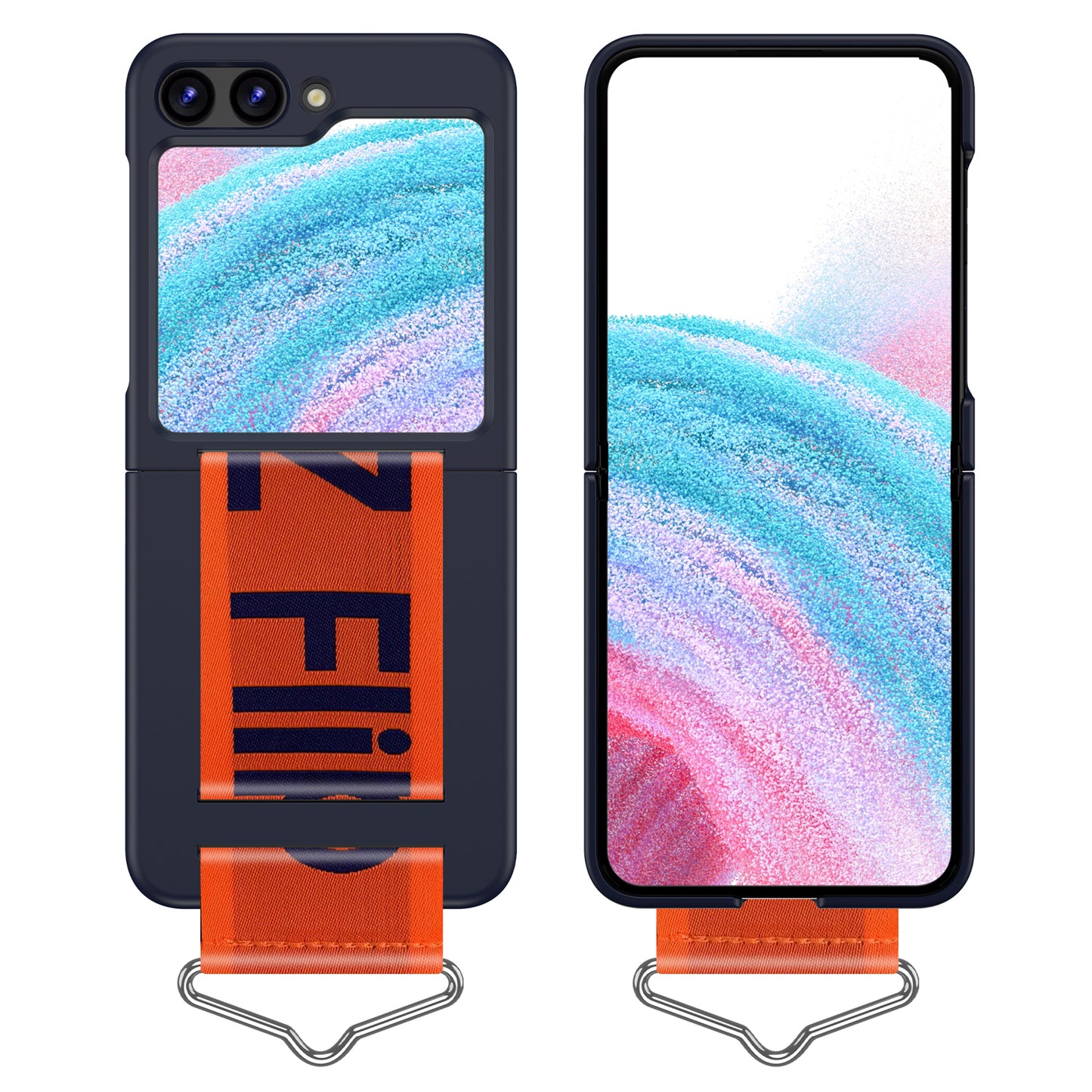 Uniqkart for Samsung Galaxy Z Flip5 5G Hard PC Phone Cover Protective Case with B-Shape Ring Holder - Dark Blue+Orange