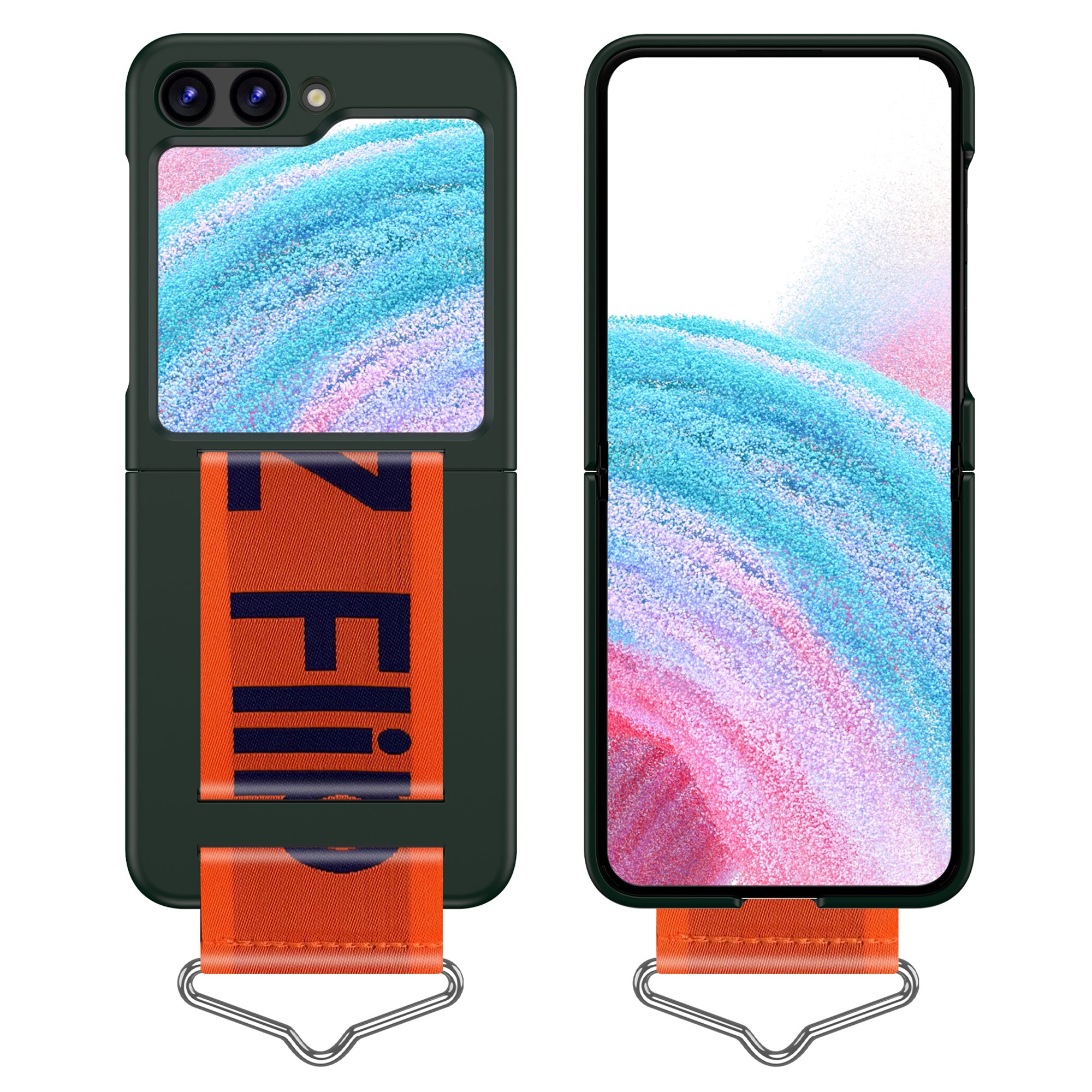 Uniqkart for Samsung Galaxy Z Flip5 5G Hard PC Phone Cover Protective Case with B-Shape Ring Holder - Dark Green+Orange