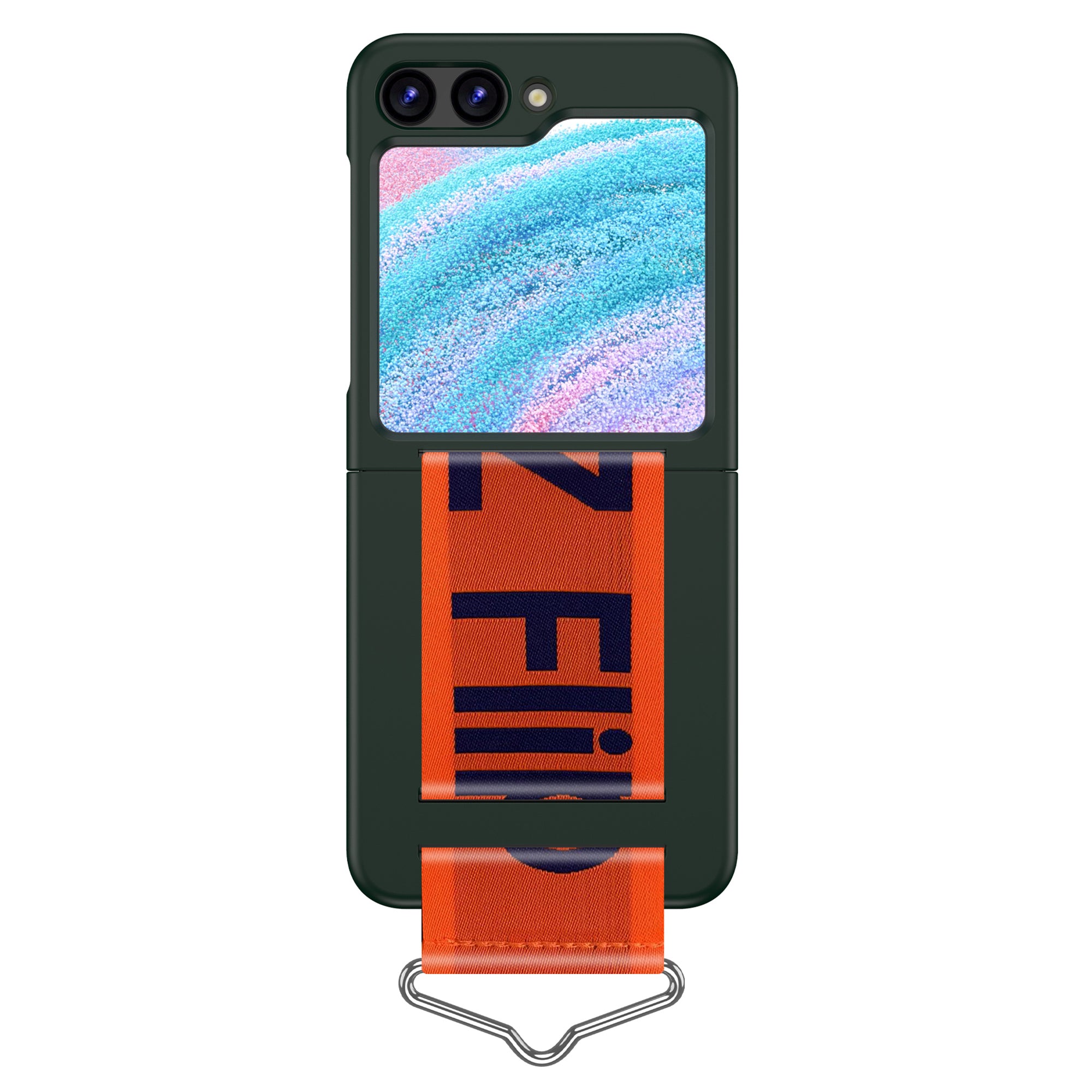 Uniqkart for Samsung Galaxy Z Flip5 5G Hard PC Phone Cover Protective Case with B-Shape Ring Holder - Dark Green+Orange