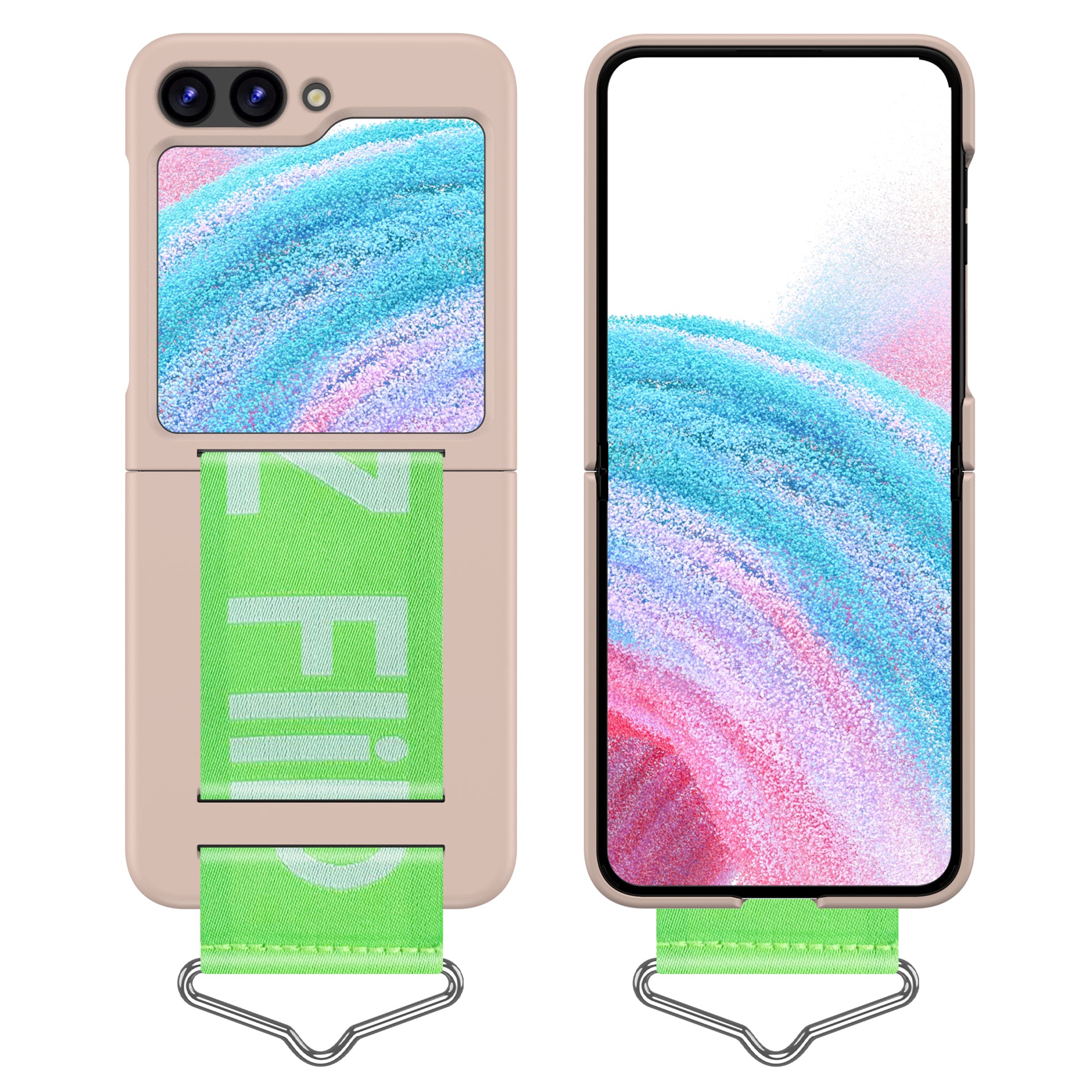 Uniqkart for Samsung Galaxy Z Flip5 5G Hard PC Phone Cover Protective Case with B-Shape Ring Holder - Rose Pink+Green