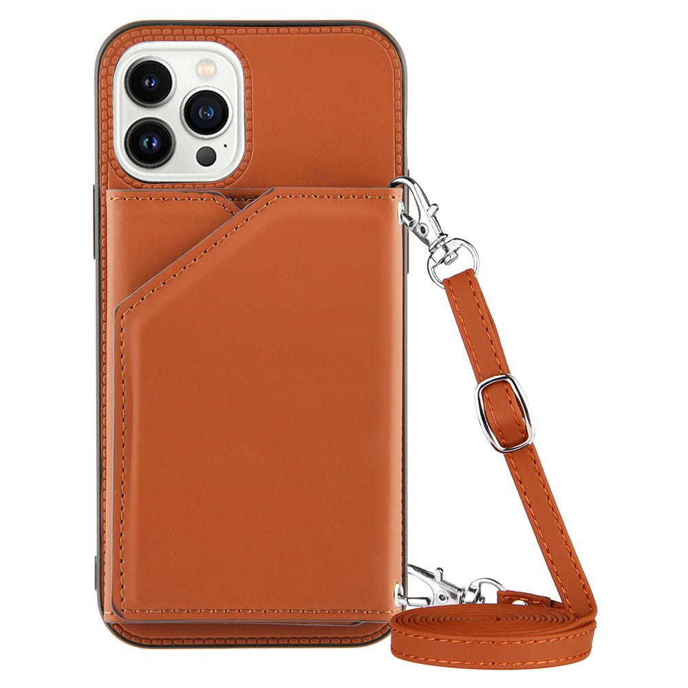 YB-1 Series Card Holder Kickstand Case for iPhone 15 Pro Max , PU Leather Phone Case Shoulder Bag - Brown
