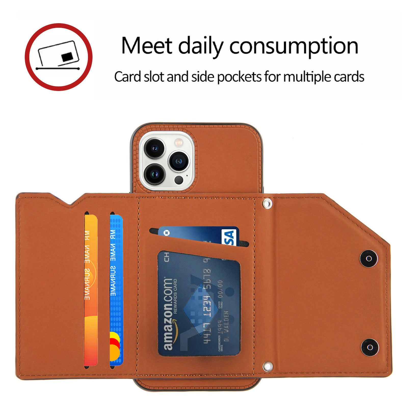 YB-1 Series Card Holder Kickstand Case for iPhone 15 Pro Max , PU Leather Phone Case Shoulder Bag - Brown
