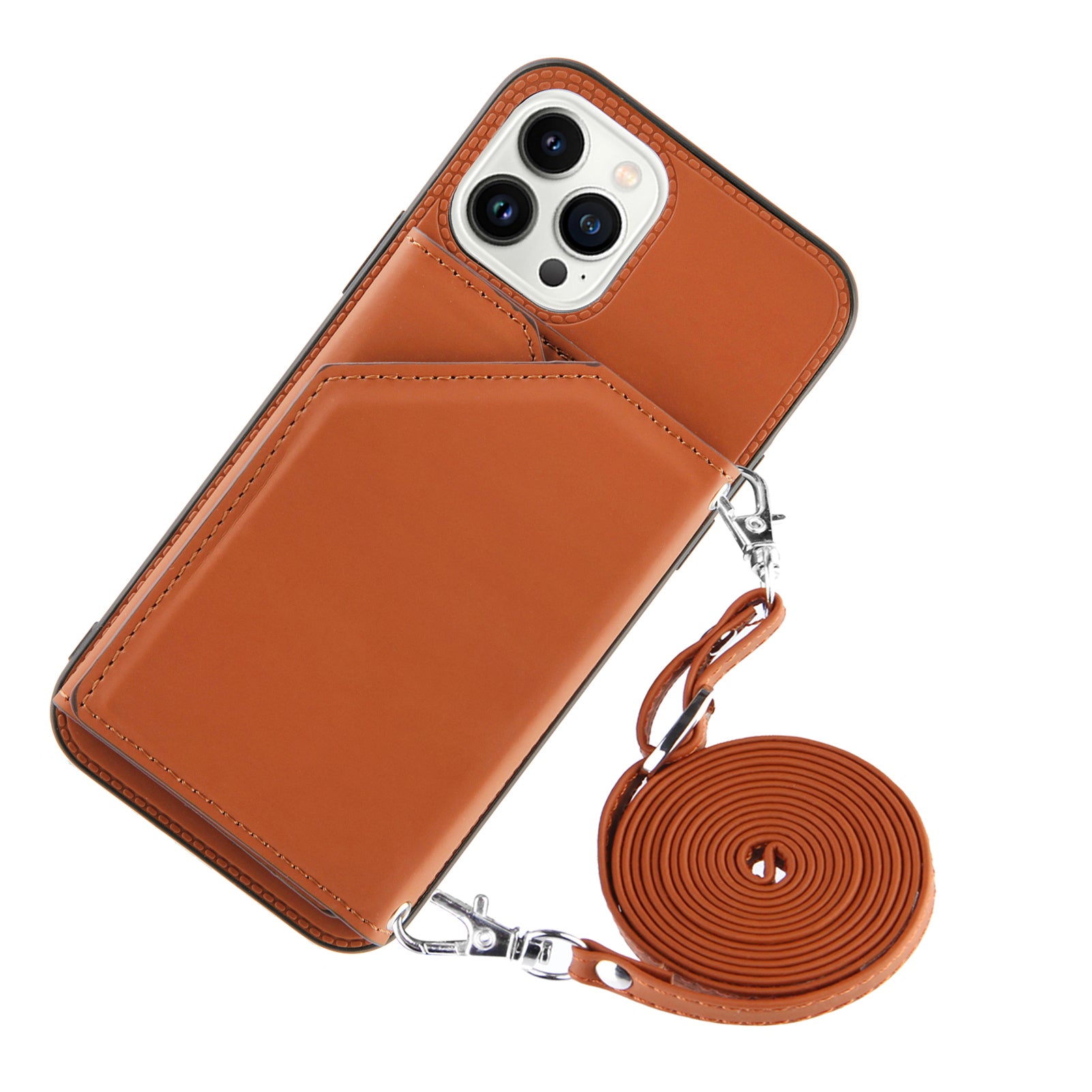 YB-1 Series Card Holder Kickstand Case for iPhone 15 Pro Max , PU Leather Phone Case Shoulder Bag - Brown