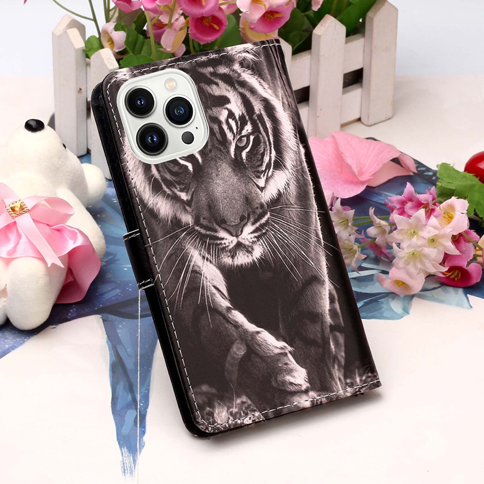 YB Pattern Printing Leather Series-4 for iPhone 15 Pro Max Wallet Case Leather Stand Phone Cover - Tiger