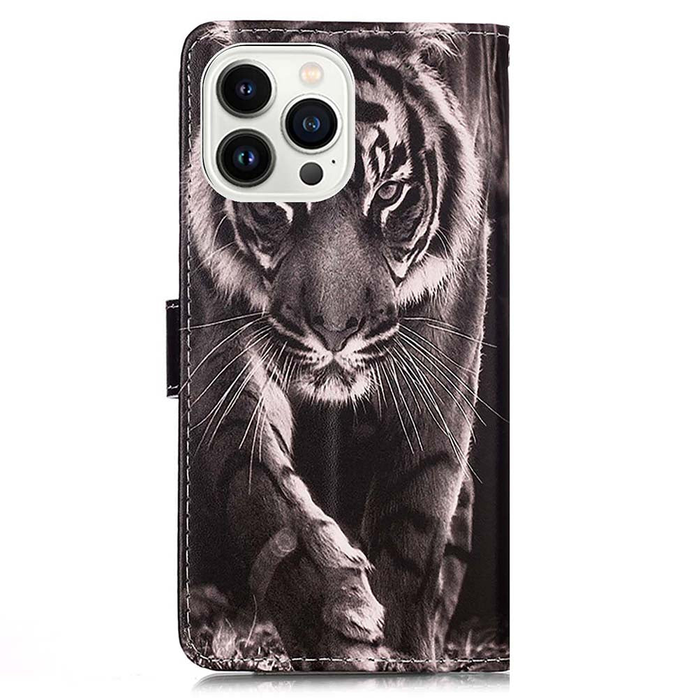 YB Pattern Printing Leather Series-4 for iPhone 15 Pro Max Wallet Case Leather Stand Phone Cover - Tiger