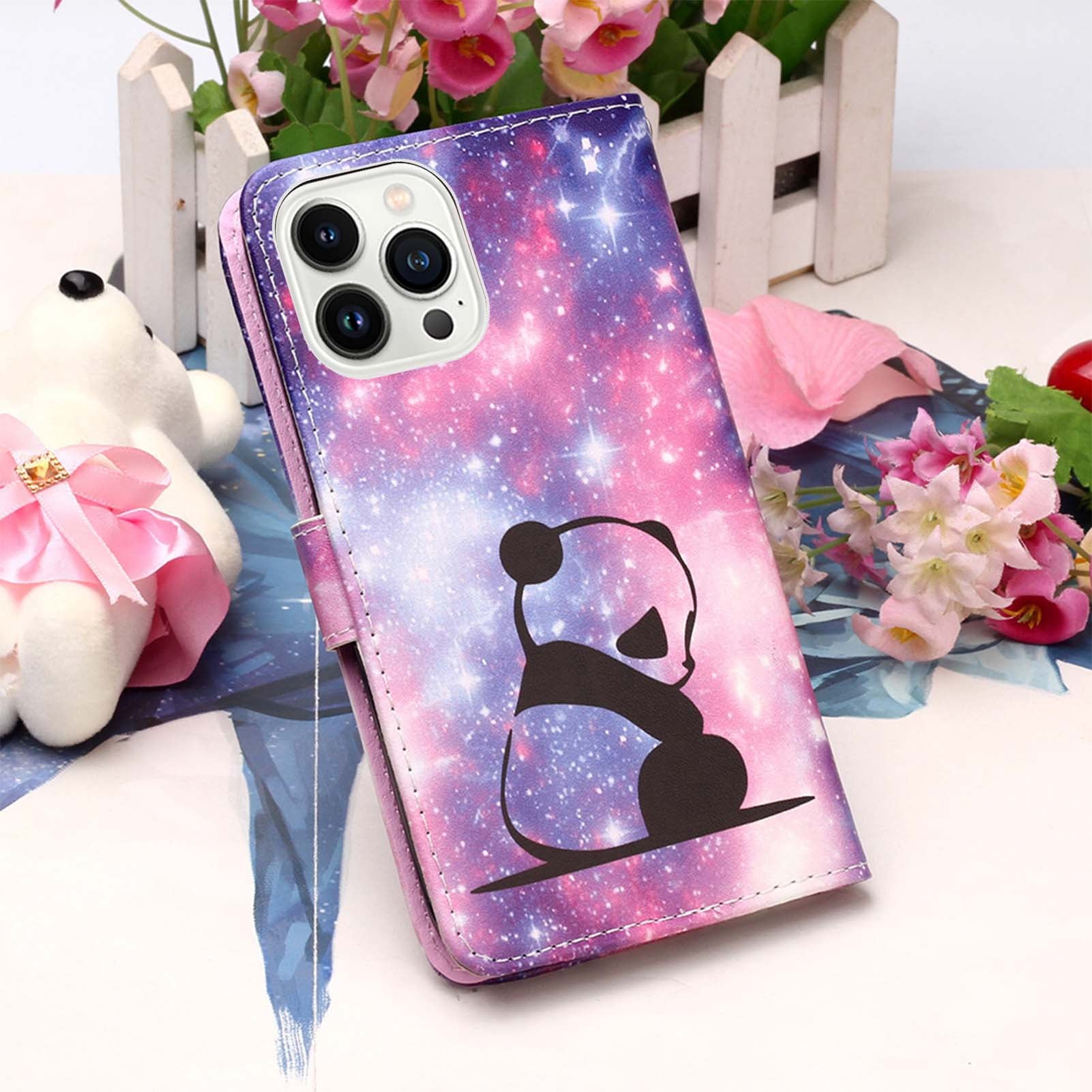 YB Pattern Printing Leather Series-4 for iPhone 15 Pro Max Wallet Case Leather Stand Phone Cover - Baby Panda