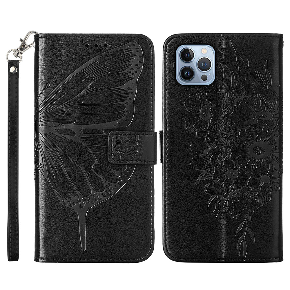 YB Imprinting Series-4 For iPhone 15 Pro Max Phone Leather Case Stand Wallet Butterfly Flower Imprinted Cover with Hand Strap - Black