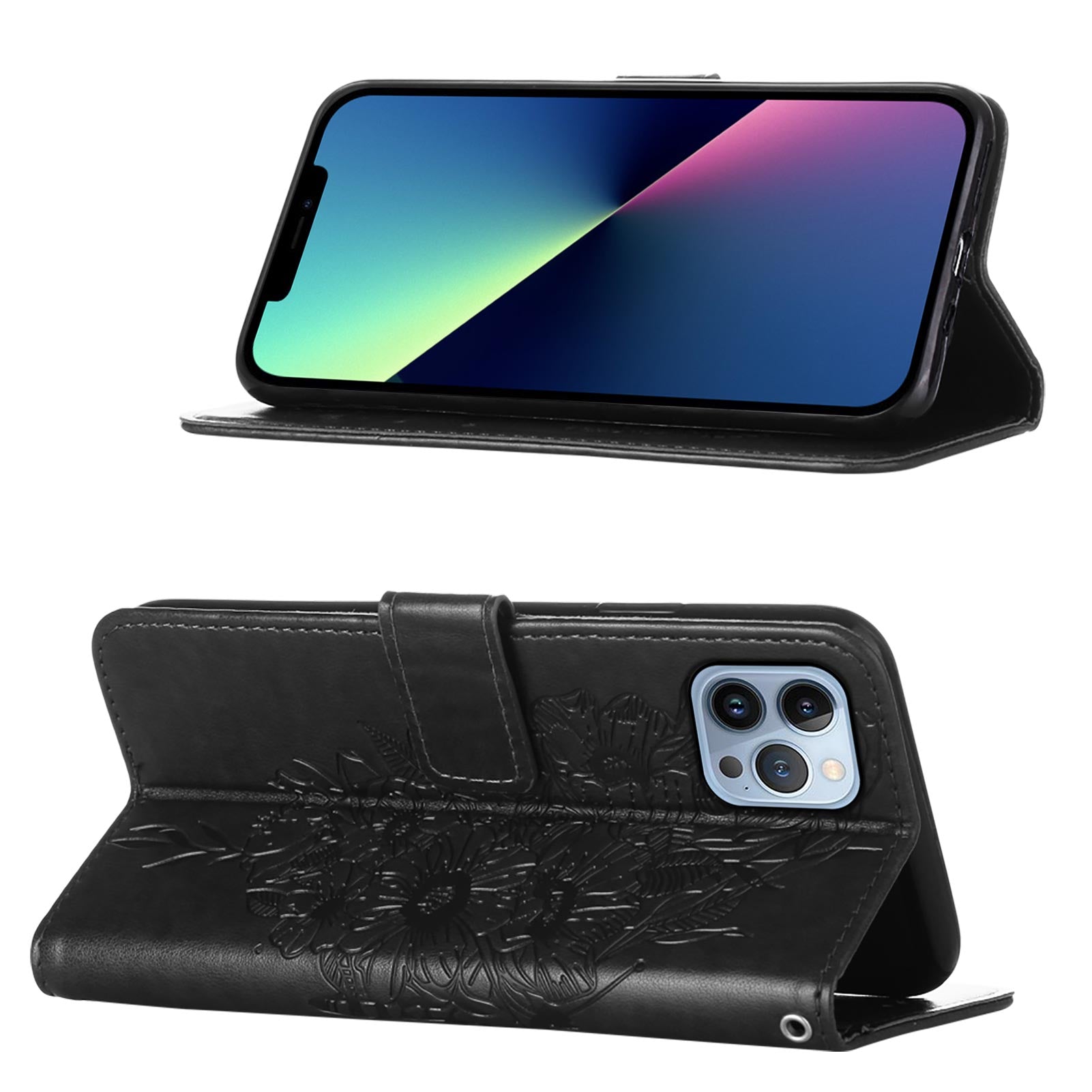 YB Imprinting Series-4 For iPhone 15 Pro Max Phone Leather Case Stand Wallet Butterfly Flower Imprinted Cover with Hand Strap - Black