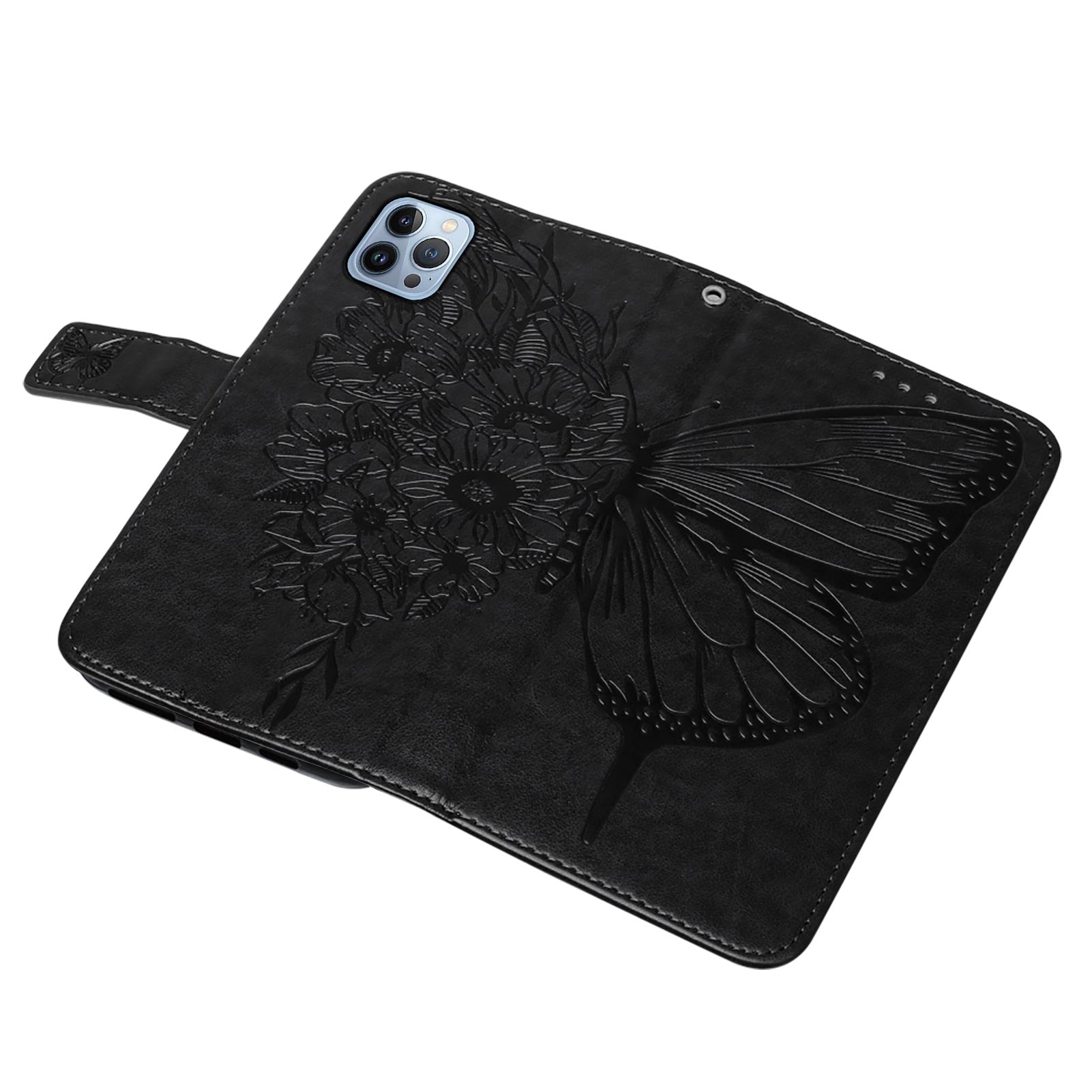 YB Imprinting Series-4 For iPhone 15 Pro Max Phone Leather Case Stand Wallet Butterfly Flower Imprinted Cover with Hand Strap - Black