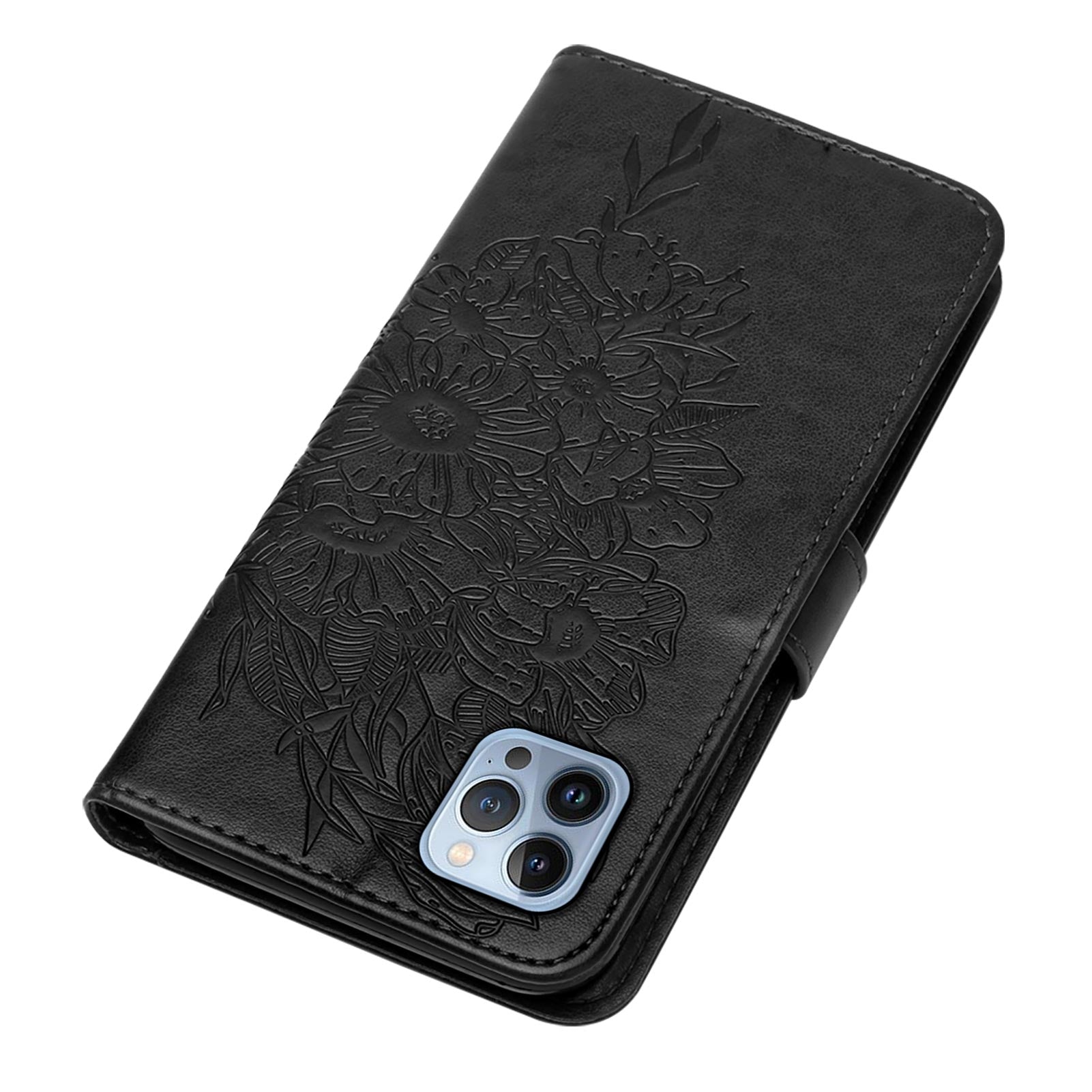 YB Imprinting Series-4 For iPhone 15 Pro Max Phone Leather Case Stand Wallet Butterfly Flower Imprinted Cover with Hand Strap - Black