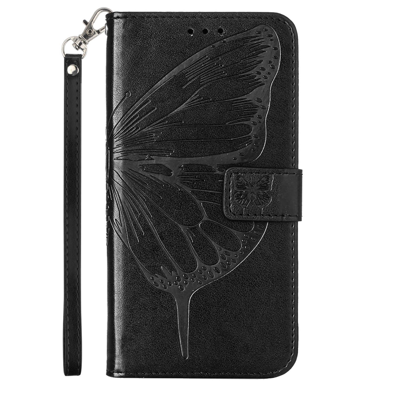 YB Imprinting Series-4 For iPhone 15 Pro Max Phone Leather Case Stand Wallet Butterfly Flower Imprinted Cover with Hand Strap - Black