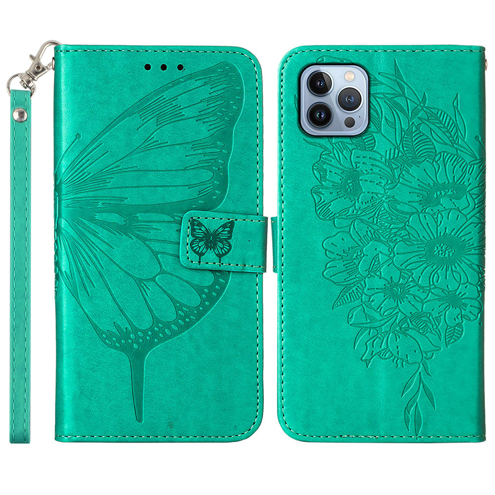 YB Imprinting Series-4 For iPhone 15 Pro Max Phone Leather Case Stand Wallet Butterfly Flower Imprinted Cover with Hand Strap - Green
