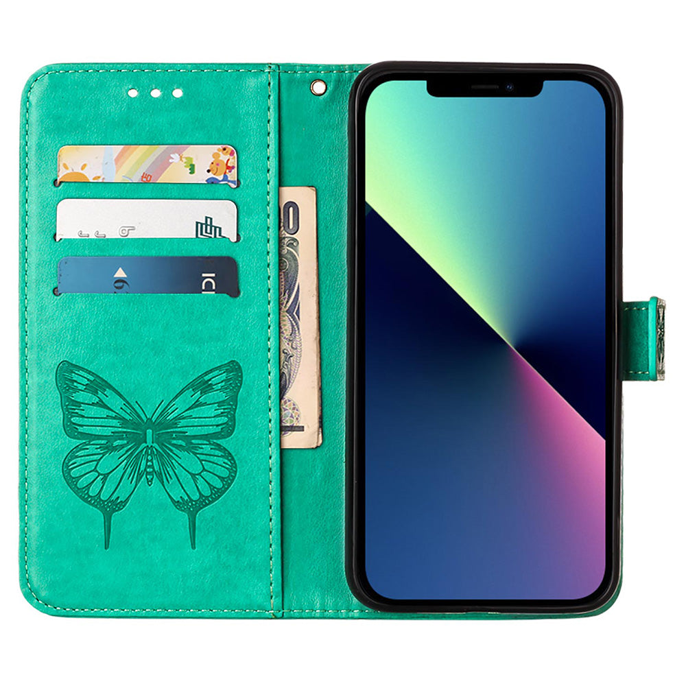 YB Imprinting Series-4 For iPhone 15 Pro Max Phone Leather Case Stand Wallet Butterfly Flower Imprinted Cover with Hand Strap - Green