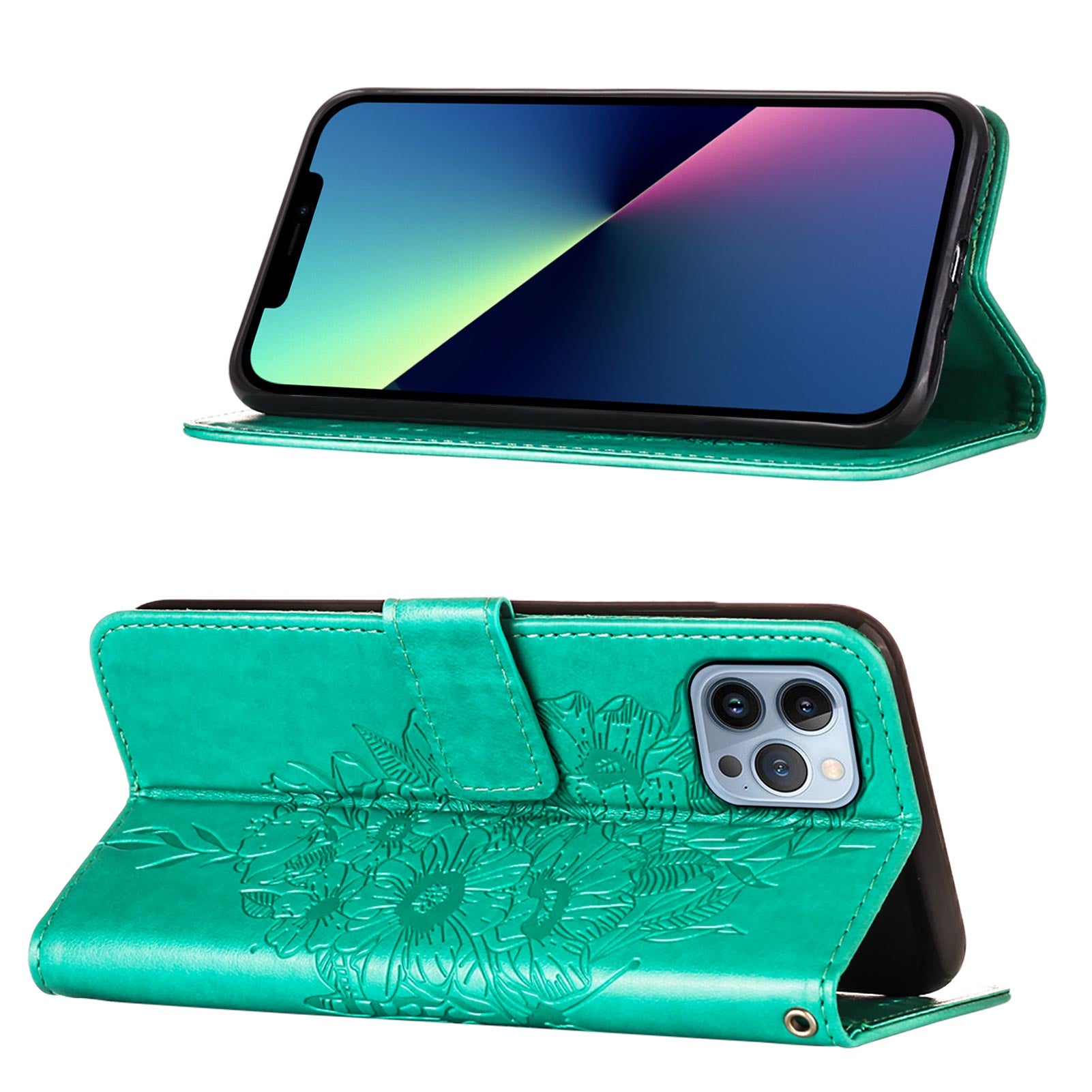YB Imprinting Series-4 For iPhone 15 Pro Max Phone Leather Case Stand Wallet Butterfly Flower Imprinted Cover with Hand Strap - Green