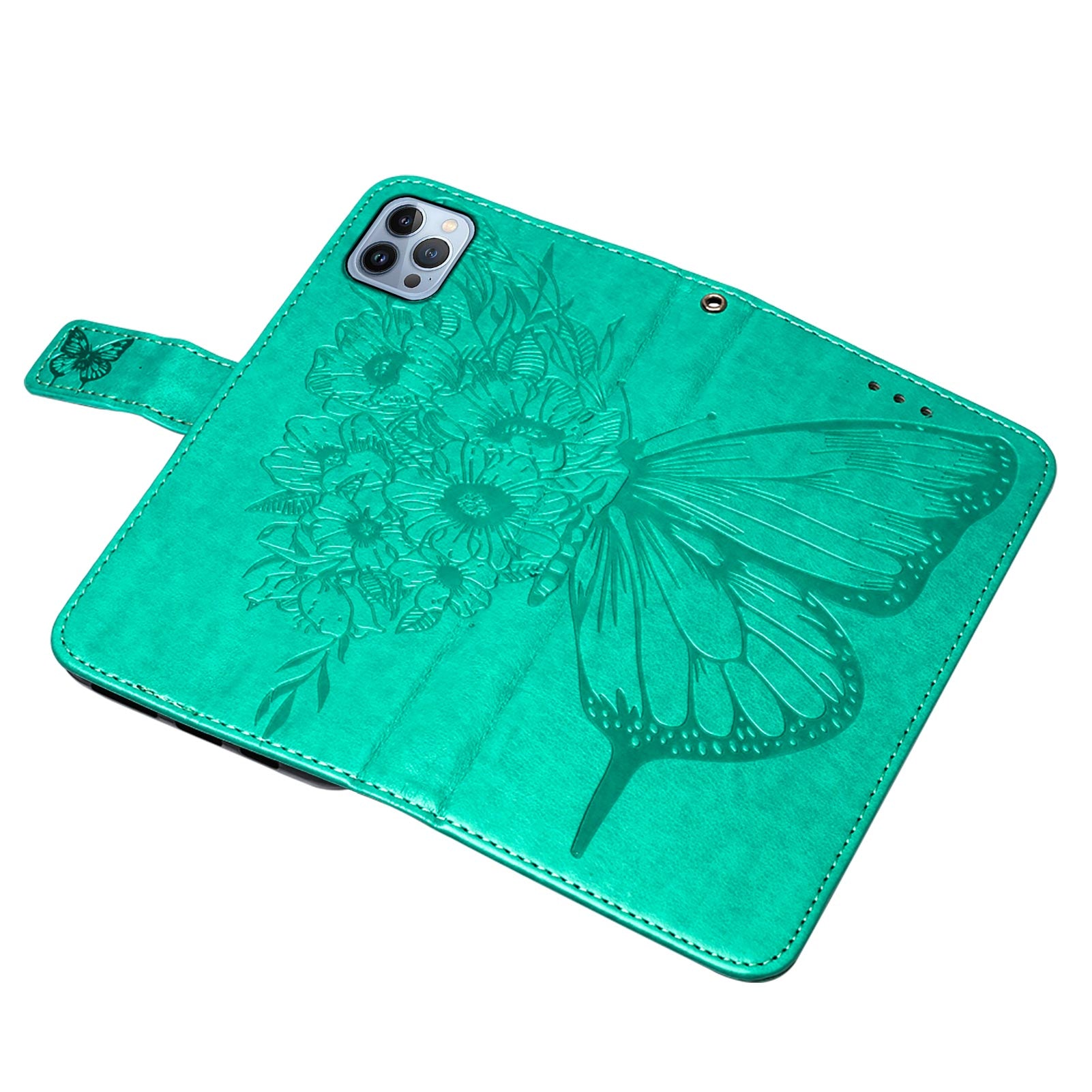YB Imprinting Series-4 For iPhone 15 Pro Max Phone Leather Case Stand Wallet Butterfly Flower Imprinted Cover with Hand Strap - Green
