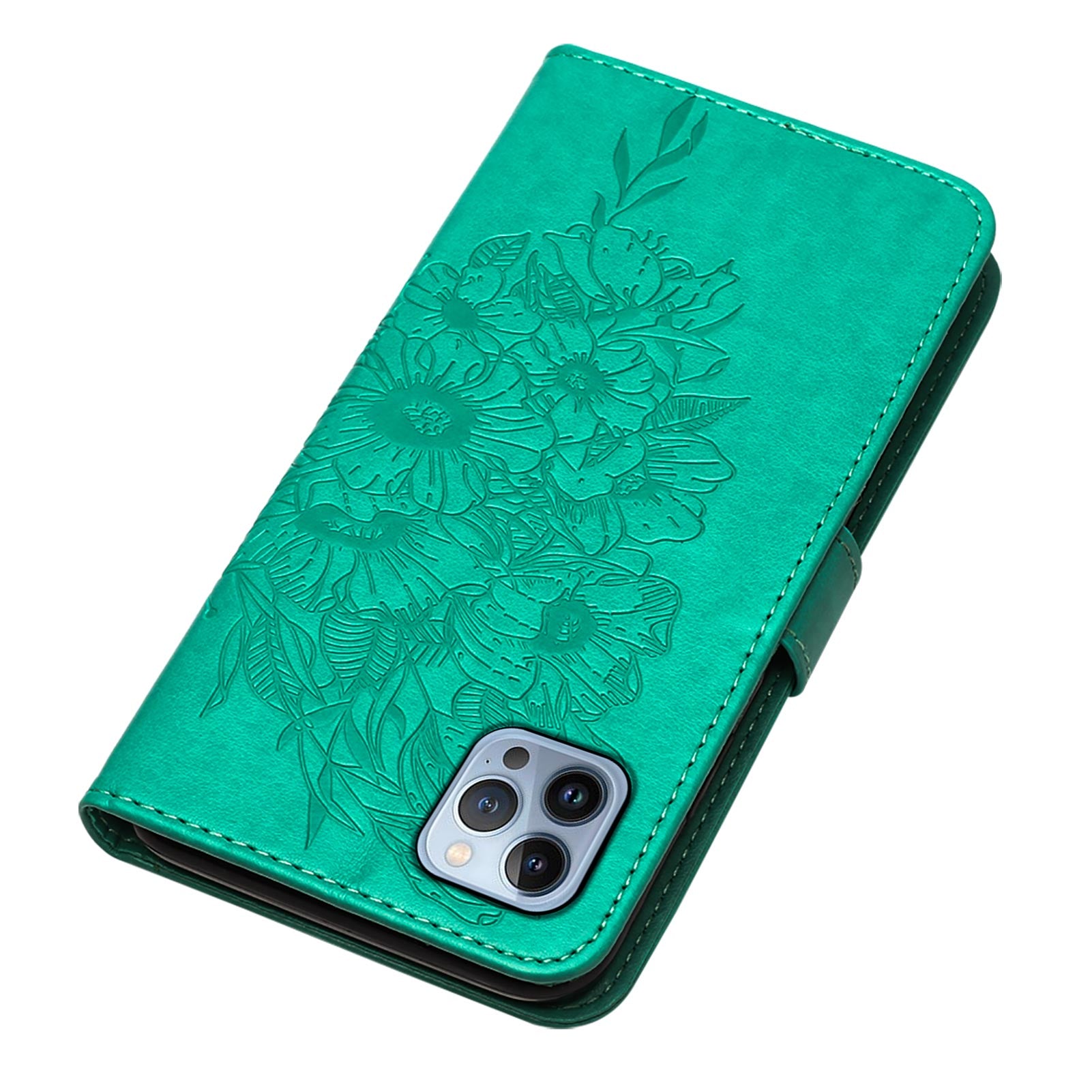 YB Imprinting Series-4 For iPhone 15 Pro Max Phone Leather Case Stand Wallet Butterfly Flower Imprinted Cover with Hand Strap - Green