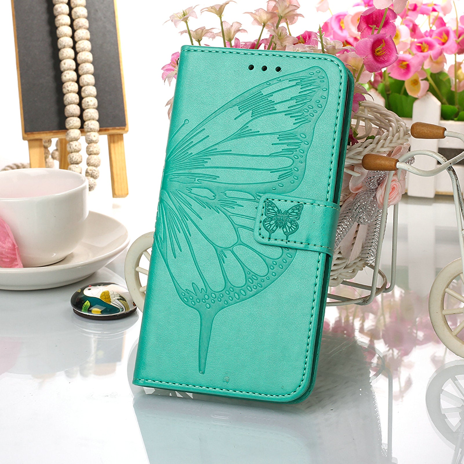 YB Imprinting Series-4 For iPhone 15 Pro Max Phone Leather Case Stand Wallet Butterfly Flower Imprinted Cover with Hand Strap - Green