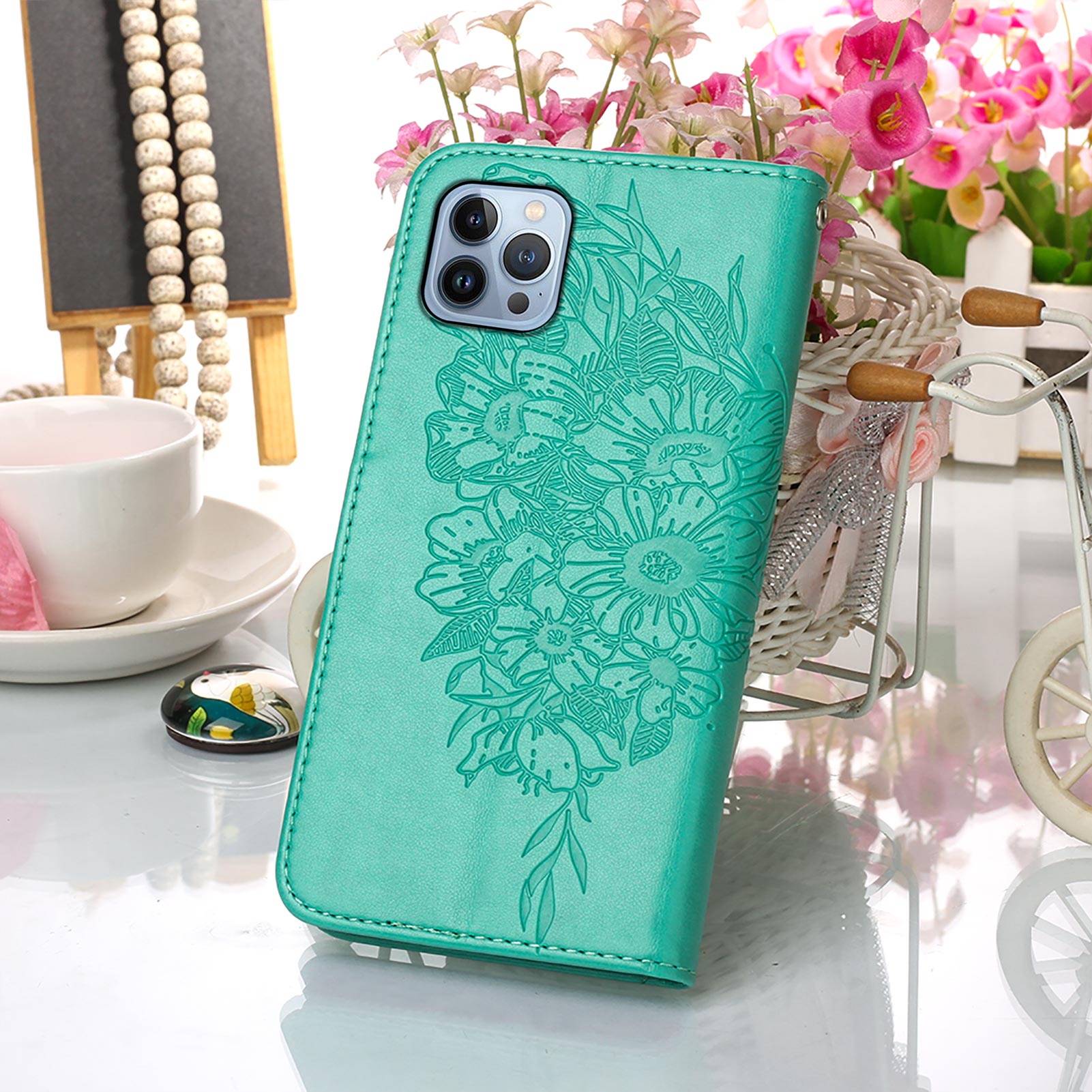 YB Imprinting Series-4 For iPhone 15 Pro Max Phone Leather Case Stand Wallet Butterfly Flower Imprinted Cover with Hand Strap - Green