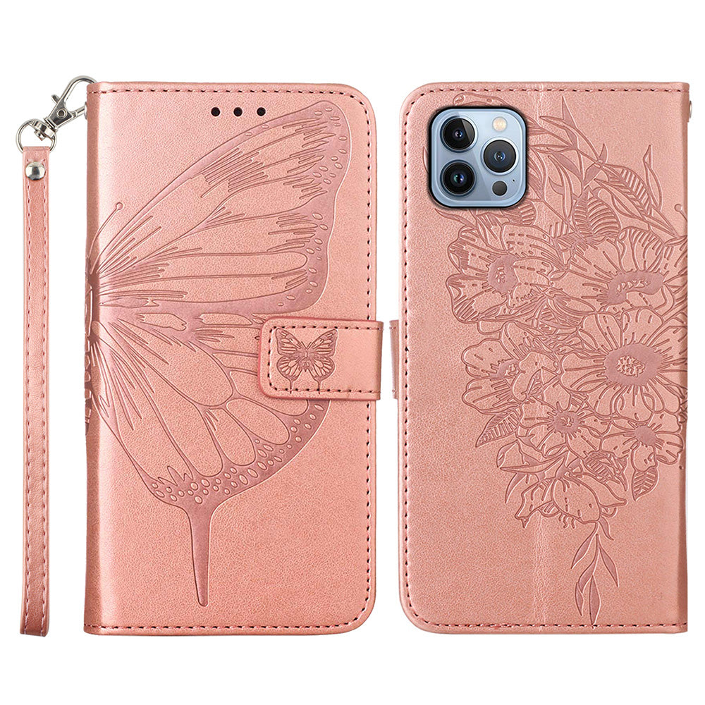 YB Imprinting Series-4 For iPhone 15 Pro Max Phone Leather Case Stand Wallet Butterfly Flower Imprinted Cover with Hand Strap - Rose Gold