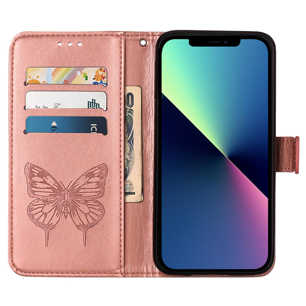 YB Imprinting Series-4 For iPhone 15 Pro Max Phone Leather Case Stand Wallet Butterfly Flower Imprinted Cover with Hand Strap - Rose Gold