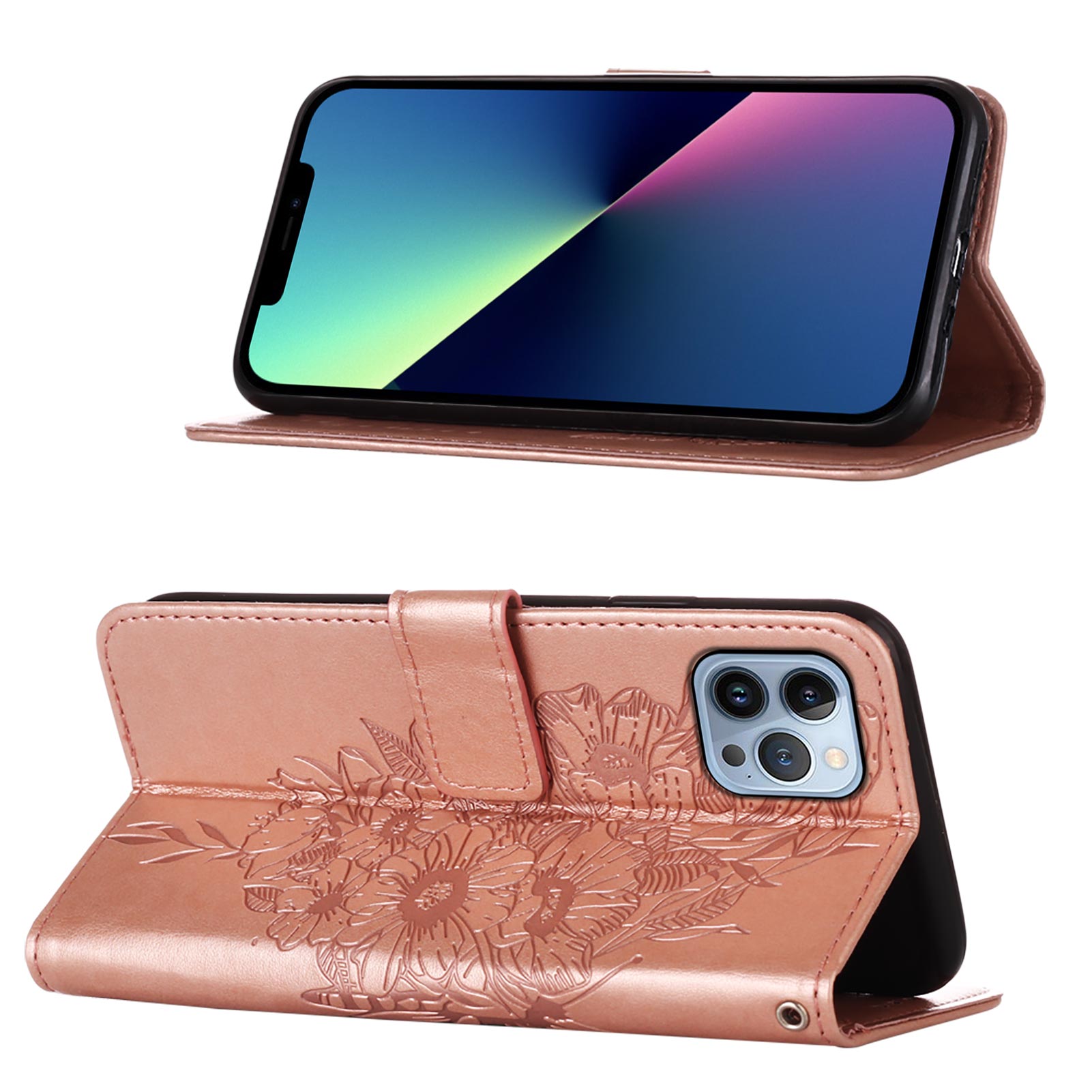 YB Imprinting Series-4 For iPhone 15 Pro Max Phone Leather Case Stand Wallet Butterfly Flower Imprinted Cover with Hand Strap - Rose Gold