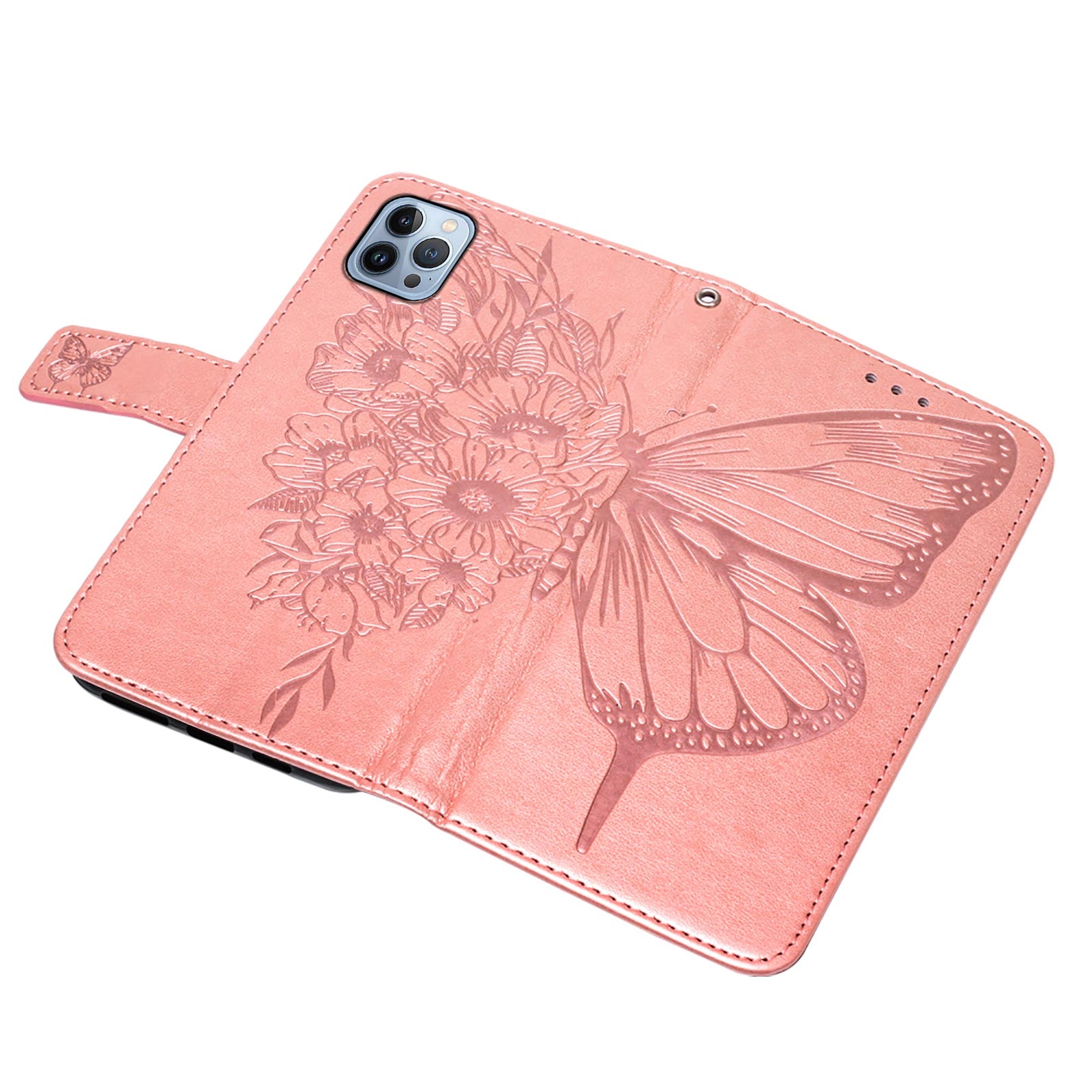 YB Imprinting Series-4 For iPhone 15 Pro Max Phone Leather Case Stand Wallet Butterfly Flower Imprinted Cover with Hand Strap - Rose Gold