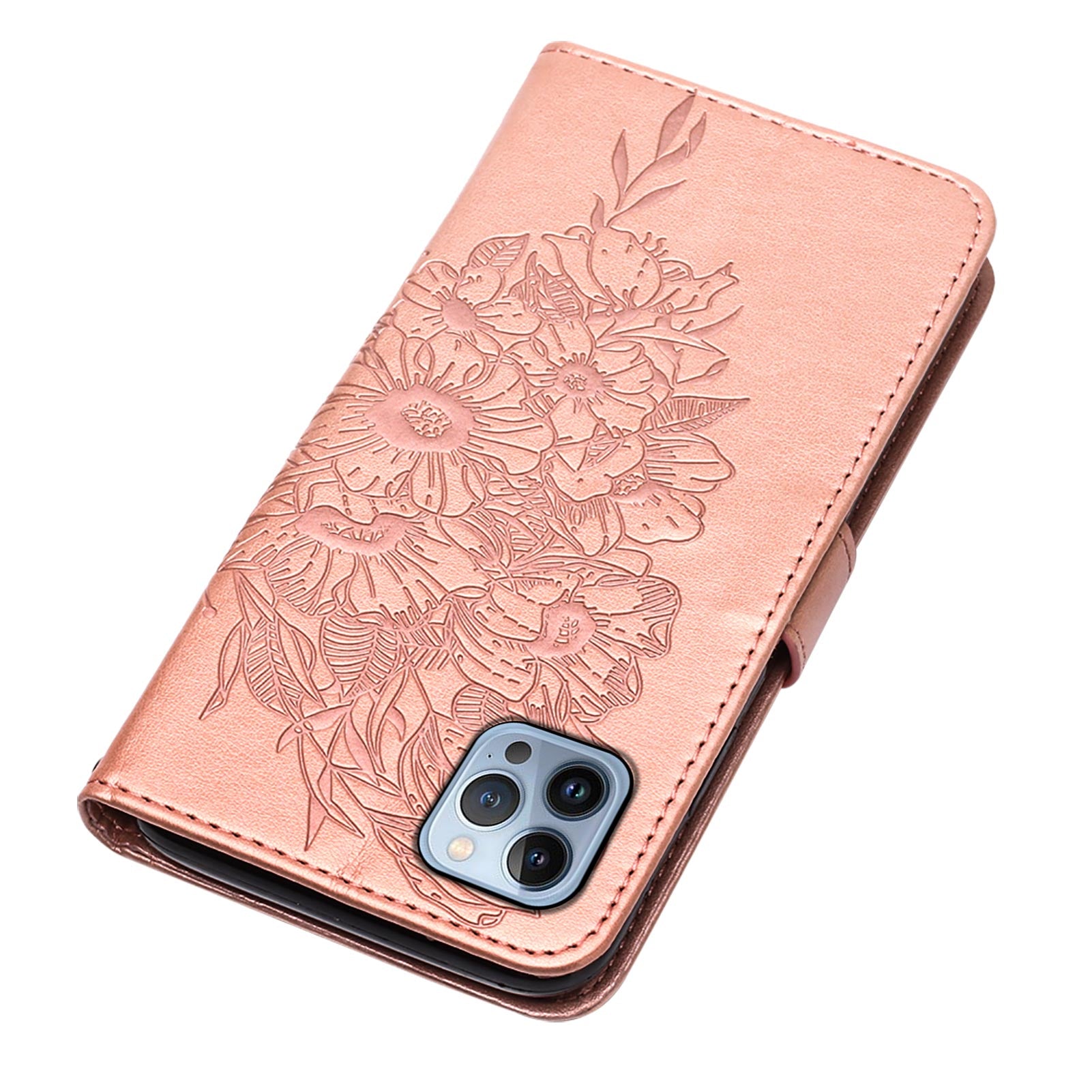 YB Imprinting Series-4 For iPhone 15 Pro Max Phone Leather Case Stand Wallet Butterfly Flower Imprinted Cover with Hand Strap - Rose Gold