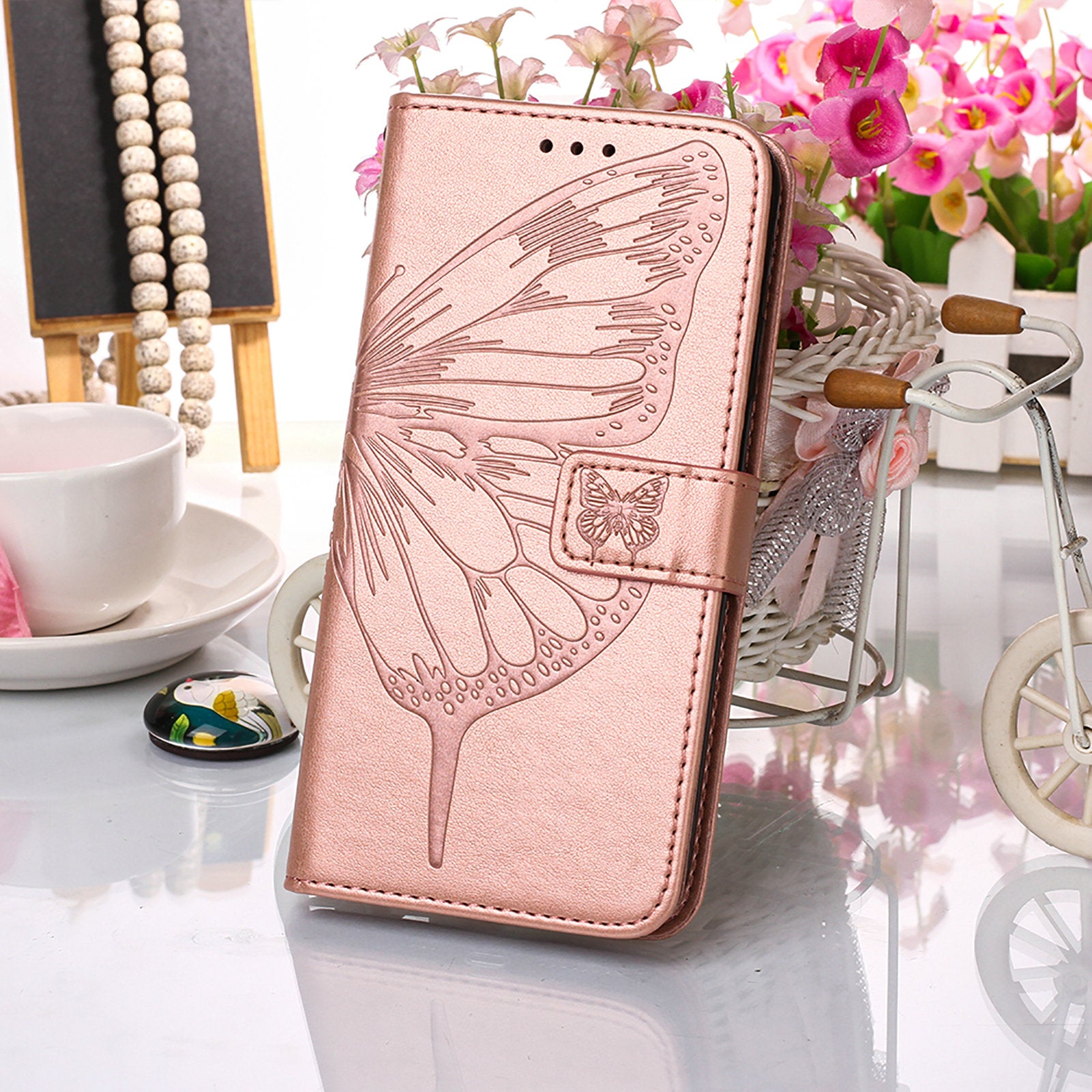 YB Imprinting Series-4 For iPhone 15 Pro Max Phone Leather Case Stand Wallet Butterfly Flower Imprinted Cover with Hand Strap - Rose Gold