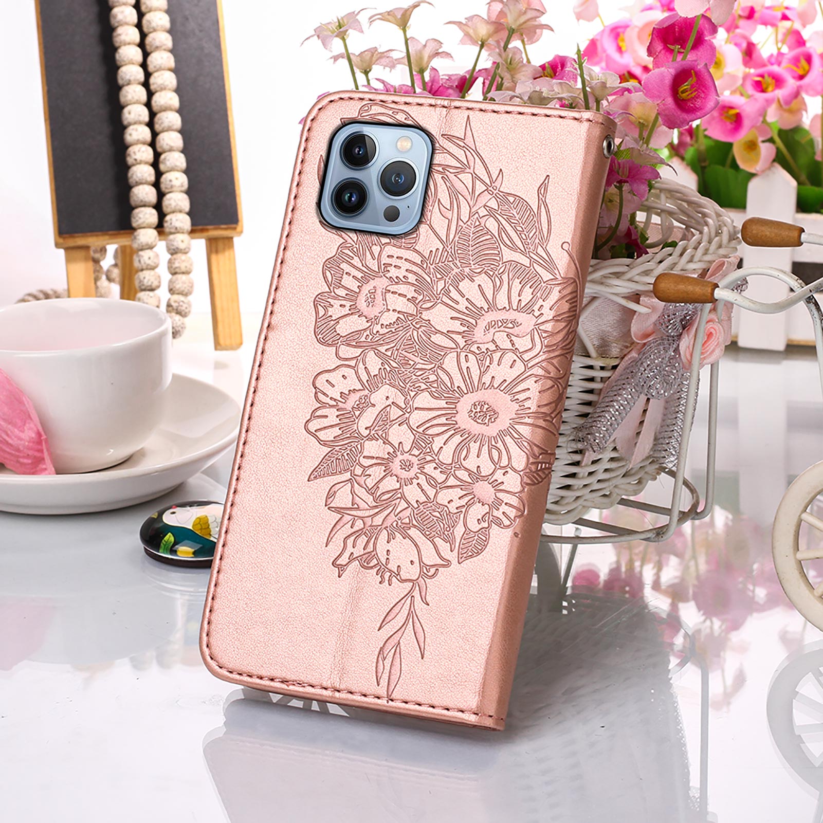 YB Imprinting Series-4 For iPhone 15 Pro Max Phone Leather Case Stand Wallet Butterfly Flower Imprinted Cover with Hand Strap - Rose Gold
