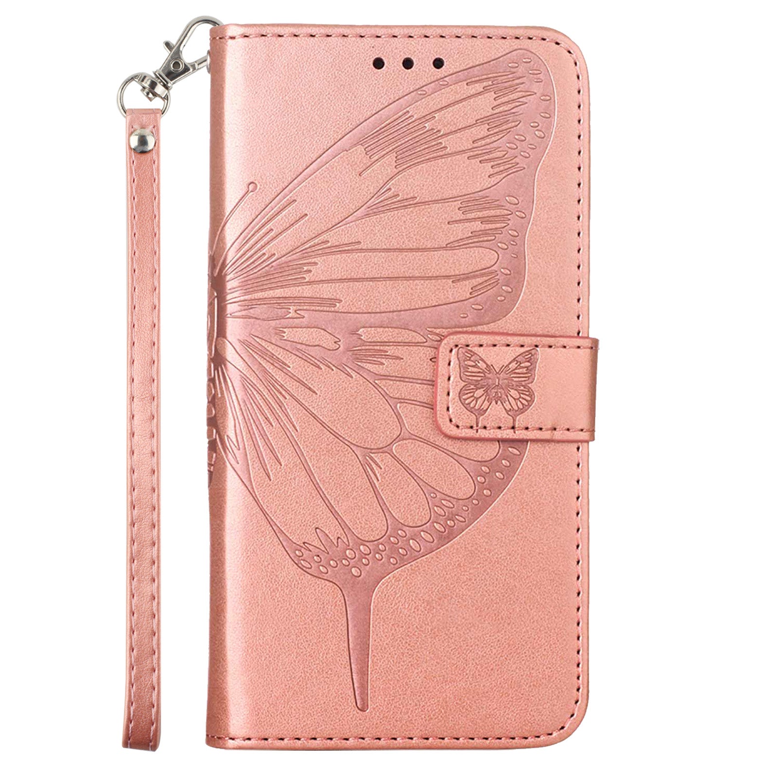 YB Imprinting Series-4 For iPhone 15 Pro Max Phone Leather Case Stand Wallet Butterfly Flower Imprinted Cover with Hand Strap - Rose Gold