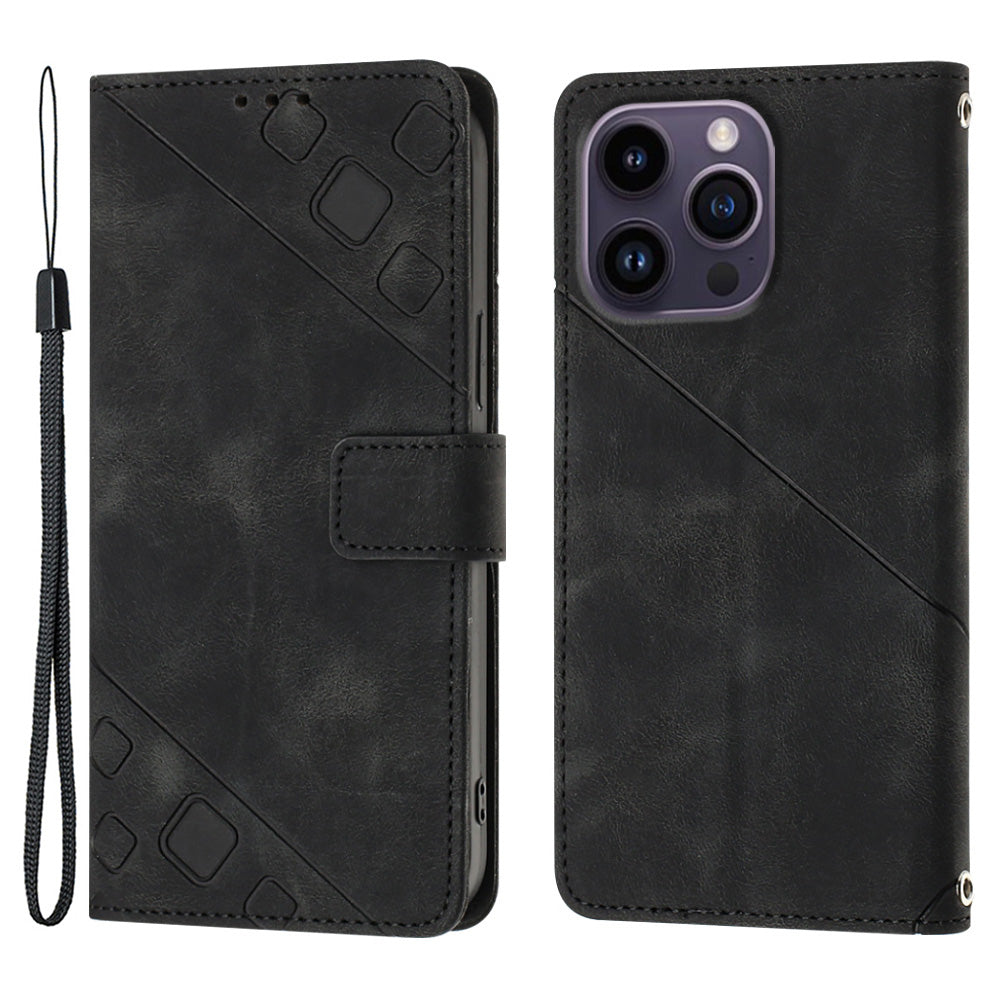 PT005 YB Imprinting Series-6 For iPhone 15 Pro Max PU Leather Case Stand Wallet Skin-touch Phone Cover - Black
