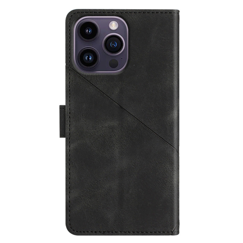 PT005 YB Imprinting Series-6 For iPhone 15 Pro Max PU Leather Case Stand Wallet Skin-touch Phone Cover - Black