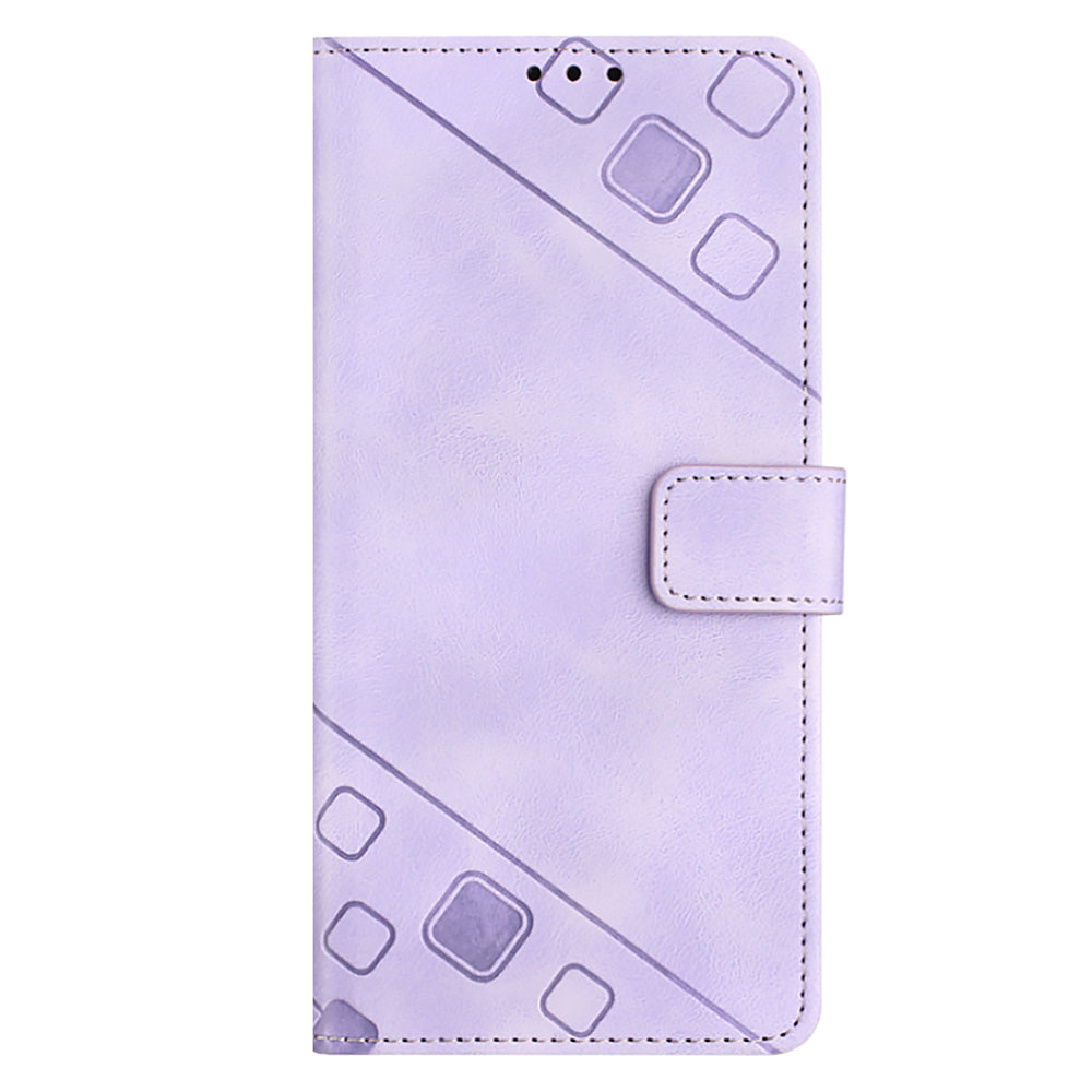 PT005 YB Imprinting Series-6 For iPhone 15 Pro Max PU Leather Case Stand Wallet Skin-touch Phone Cover - Light Purple