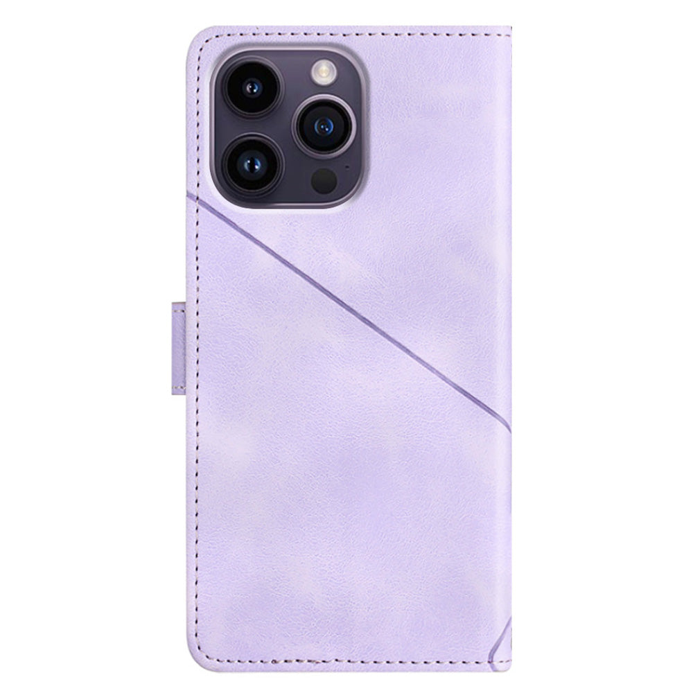 PT005 YB Imprinting Series-6 For iPhone 15 Pro Max PU Leather Case Stand Wallet Skin-touch Phone Cover - Light Purple