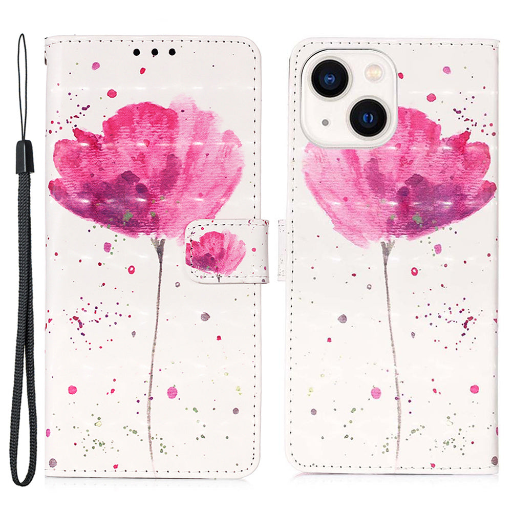 YB Pattern Printing Leather Series-2 for iPhone 15 Plus Wallet Cover 3D Pattern Printed Leather Stand Phone Case - Flower