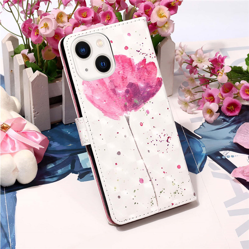 YB Pattern Printing Leather Series-2 for iPhone 15 Plus Wallet Cover 3D Pattern Printed Leather Stand Phone Case - Flower